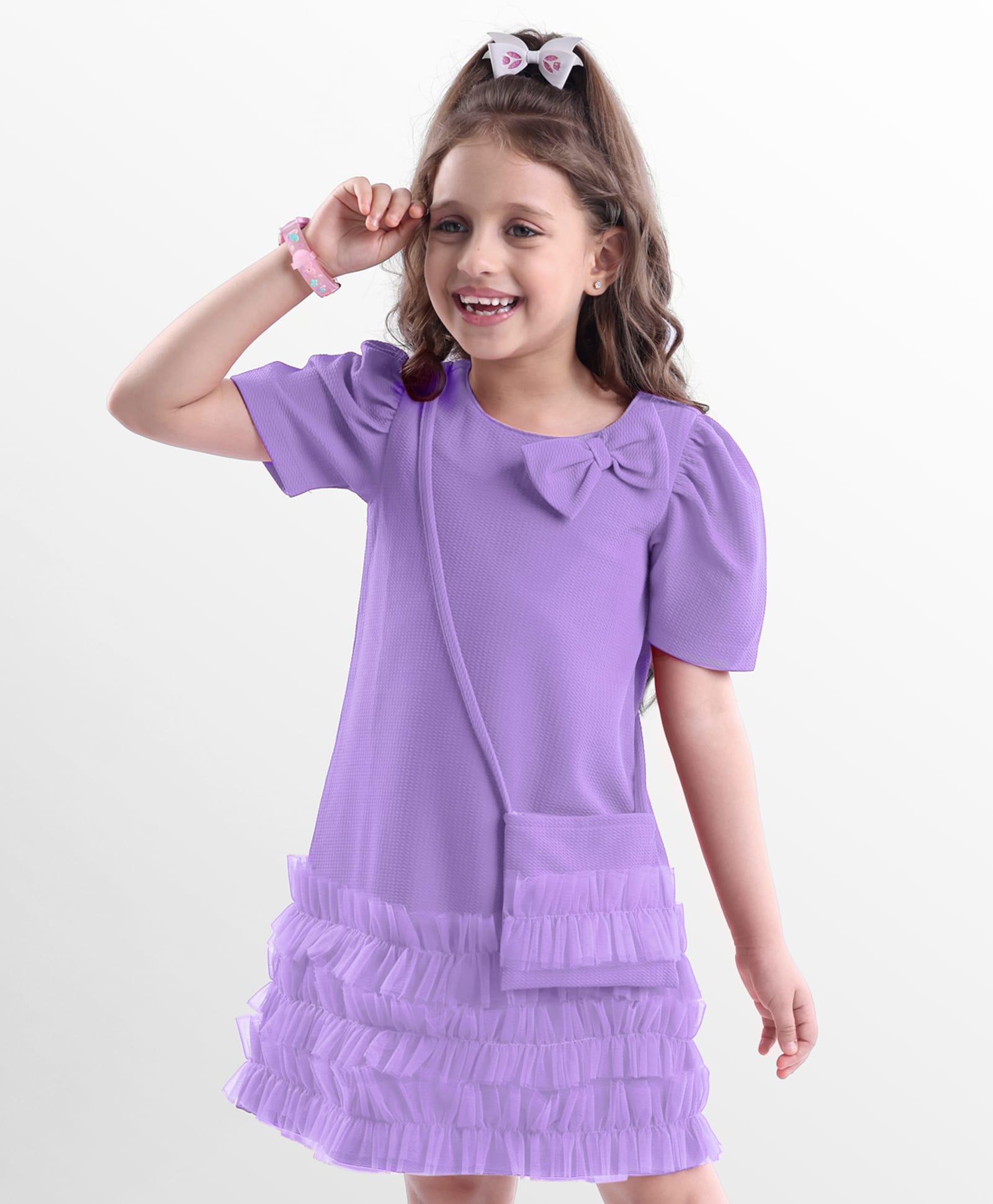 Hola Bonita Knit Half Sleeves Frock With Bow Applique & Sling Bag - Lilac-image-21