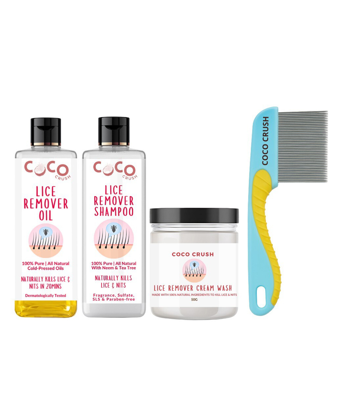 Coco Crush Kills Lice in 30 Mins - Herbal Oil, 200ml; Shampoo, 200ml; Cream Wash, 50g; & Long Handle Comb Kit-image-48