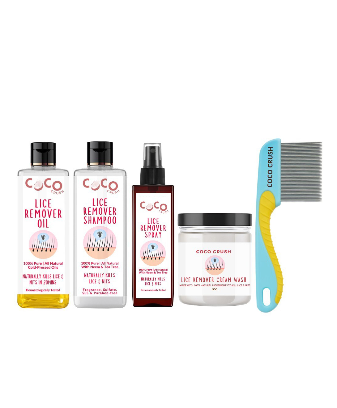 Coco Crush Ayurvedic 5-in-1 Lice & Nits Pack - Oil, 100ml; Shampoo, 100ml; Spray, 100ml; Cream, 50g; & Long Handle Comb, 1Unit-image-33