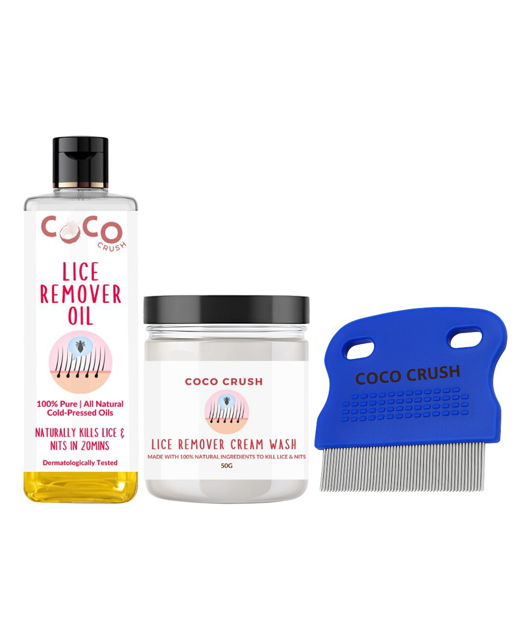 Coco Crush Complete Lice & Nits Trio - Herbal Oil, 200ml; Cream Wash, 50g; and Fine Comb, 1Unit | Safe and Fast-image-45