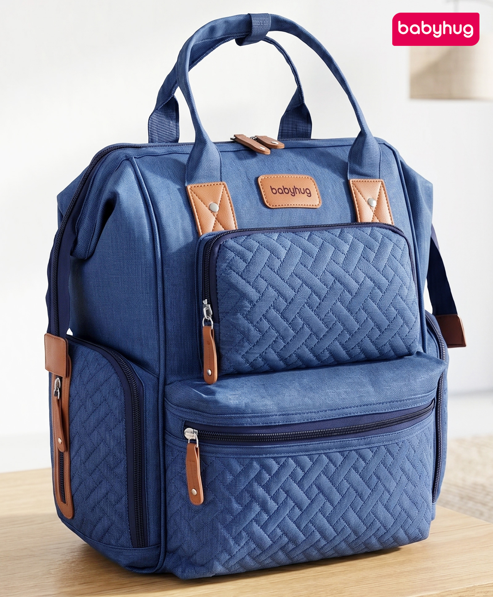 Babyhug Multipurpose Structured Diaper Backpack Wide Opening Frame Multi-Pocket Organizer Dual Carry Handles Wipes Dispenser Charger Cable Opening Stroller Clip- Blue-image-35