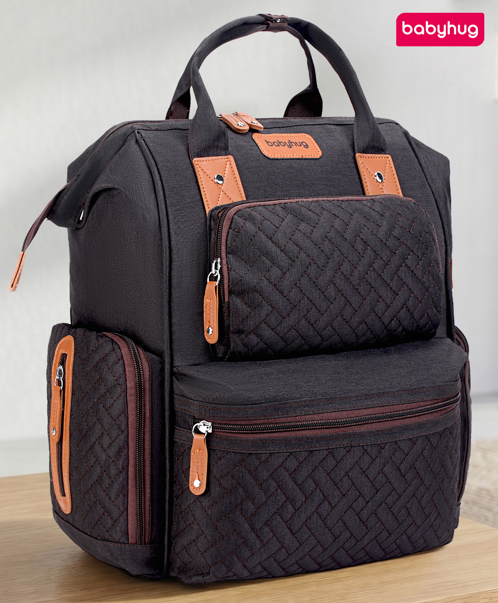 Babyhug Multipurpose Structured Diaper Backpack Wide Opening Frame Spacious Multi-Pocket Organizer Dual Carry Handles Wipes Dispenser Charger Cable Opening Stroller Clip - Coffee Brown-image-29