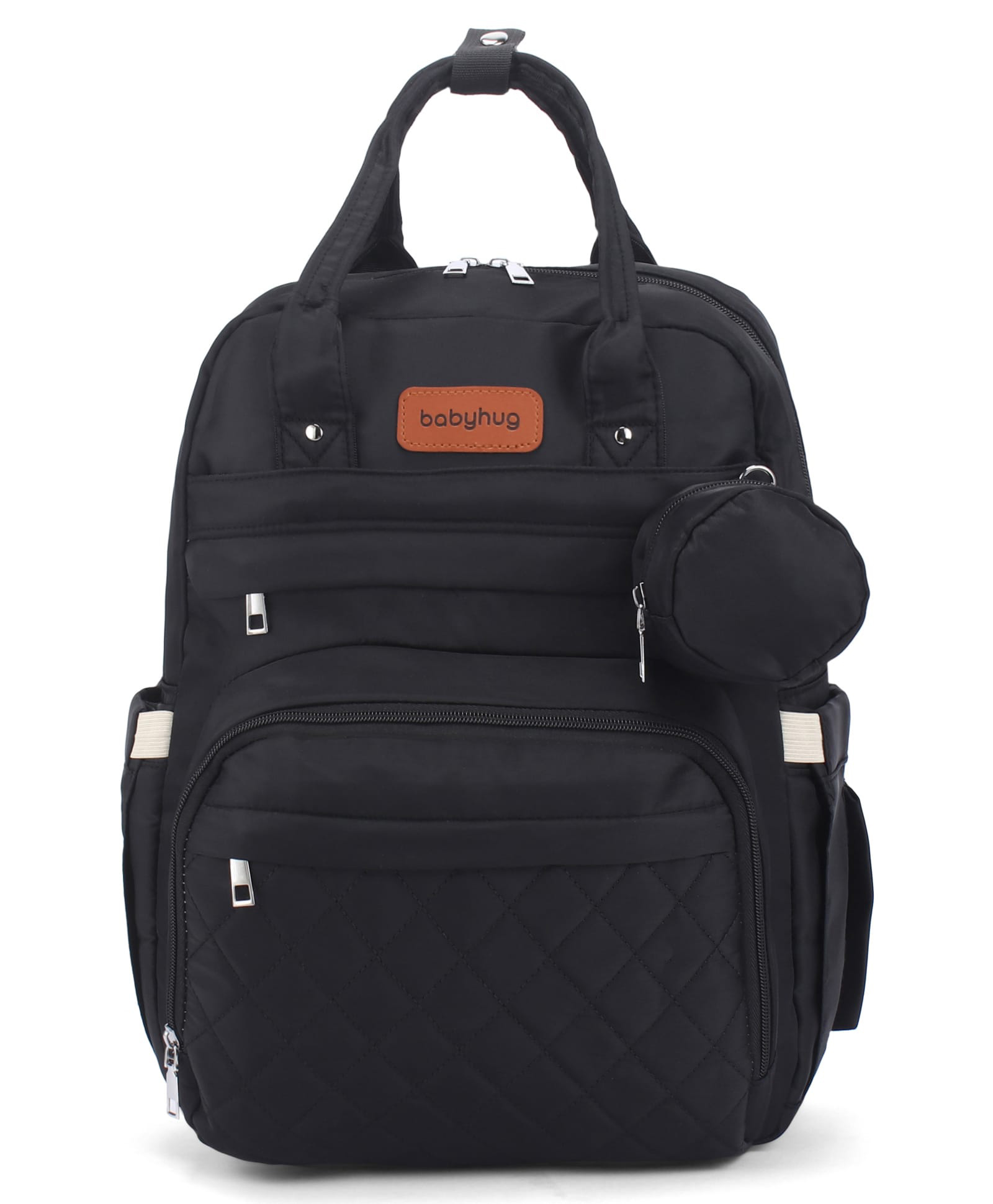 Babyhug Quilted Multipurpose Diaper Backpack with Changing Mat - Black| Insulated Bottle Pockets|Padded Shoulder Strap|Side Bottle Pocket|Wipes Dispenser| Pacifier Case| Stroller Clip| Water Resistant-image-24