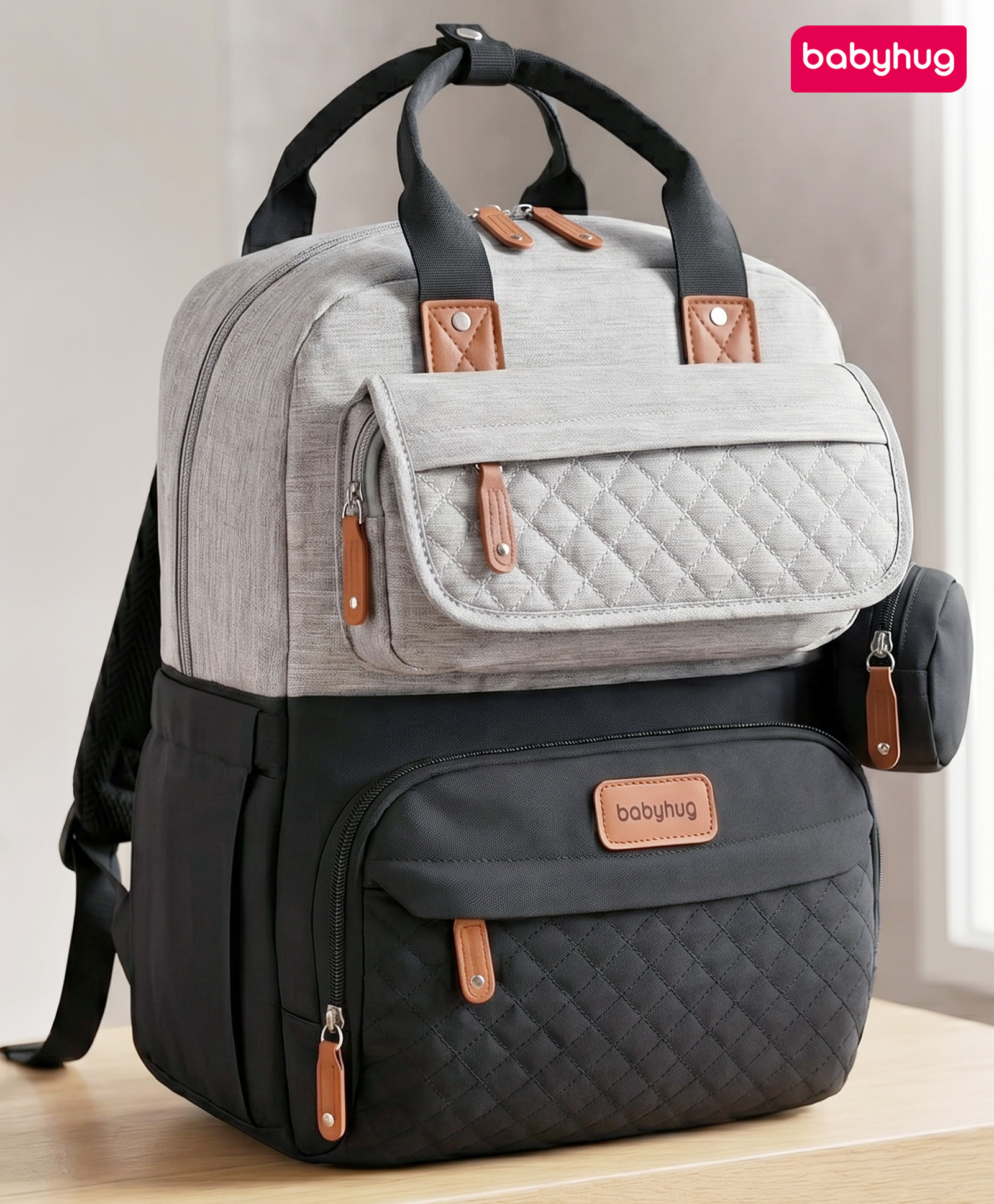 Babyhug Premium Quilted Multipurpose Stylish Diaper Backpack Laptop Slot Water Resistant Insulated Bottle Pouches Side Bottle Pocket Wipes Dispenser Detachable Pacifier Case Stroller Clip Black-image-44
