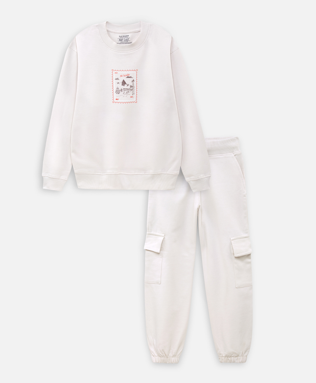 Nap Chief Pure Cotton Knit Full Sleeves Just Snowin Off Text Back Printed Winter Sweatshirt & Cargo Joggers Set - Light Grey-picture-18