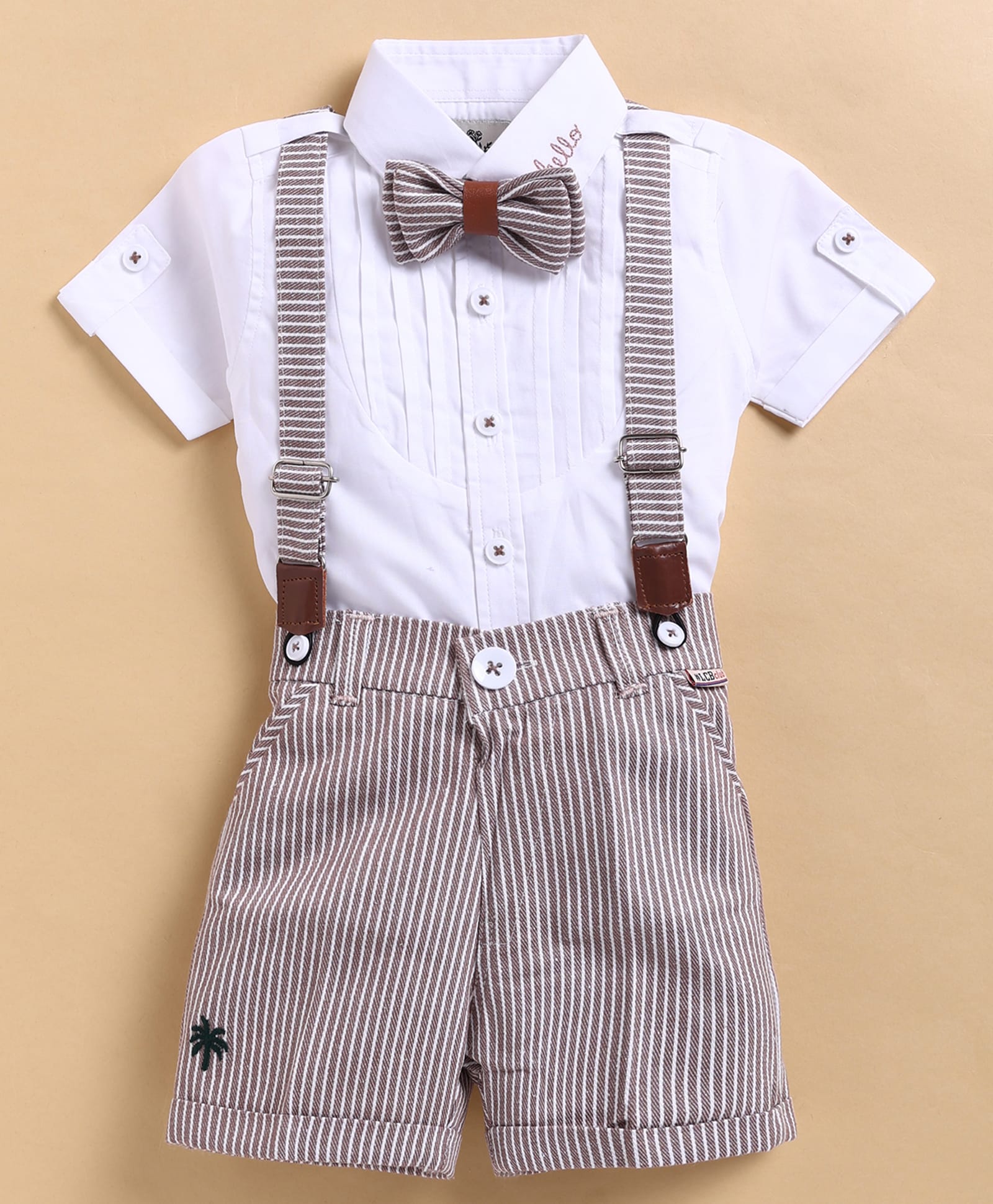 LITTLE COLLARS Cotton Woven Half Sleeves Solid Shirt & Shorts With Suspender & Bow Set - Brown-picture-25