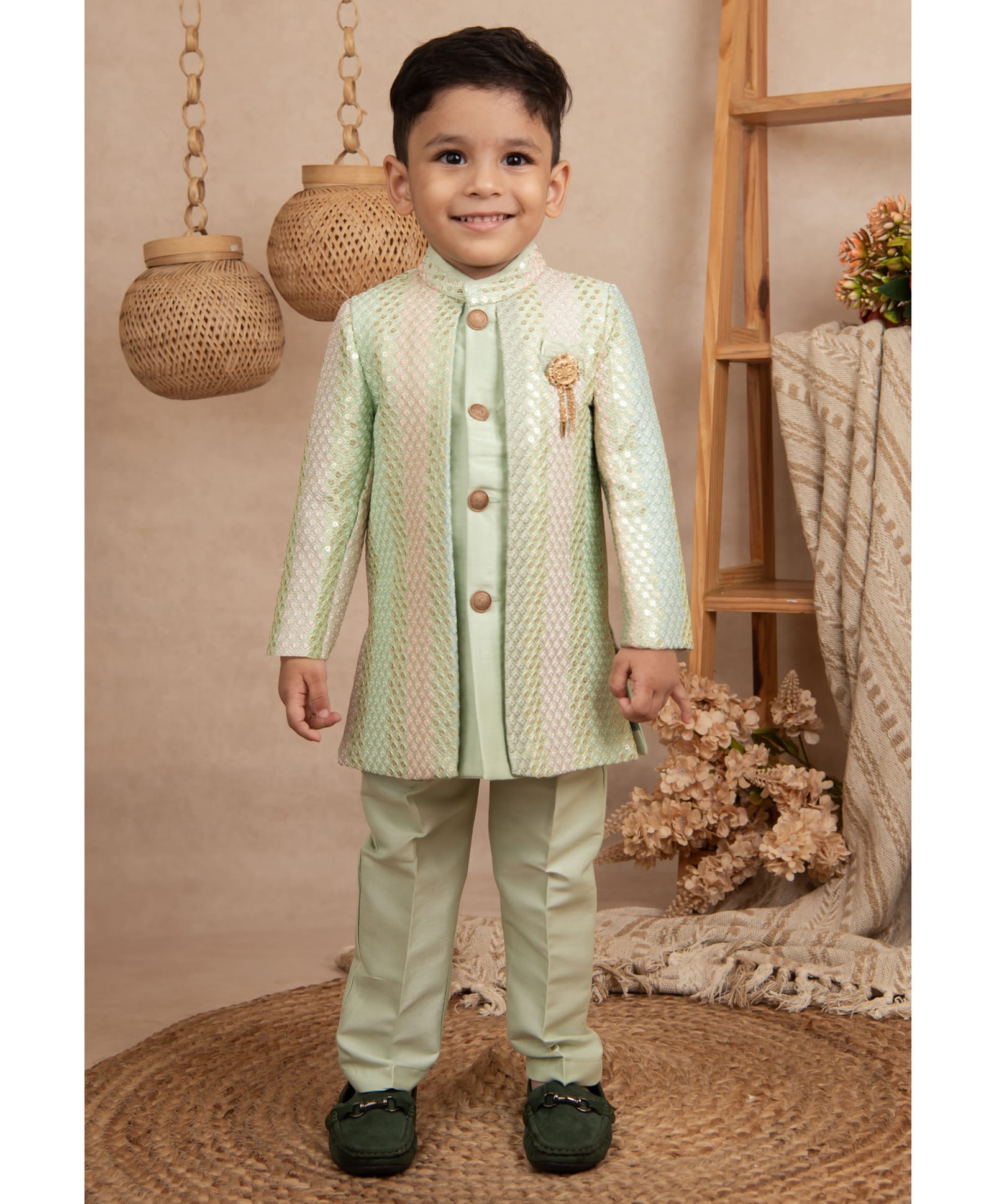 LITTLE COLLARS Jacquard Woven Full Sleeves Sequins Embellished Sherwani Pant Set With Brooch - Green-image-6