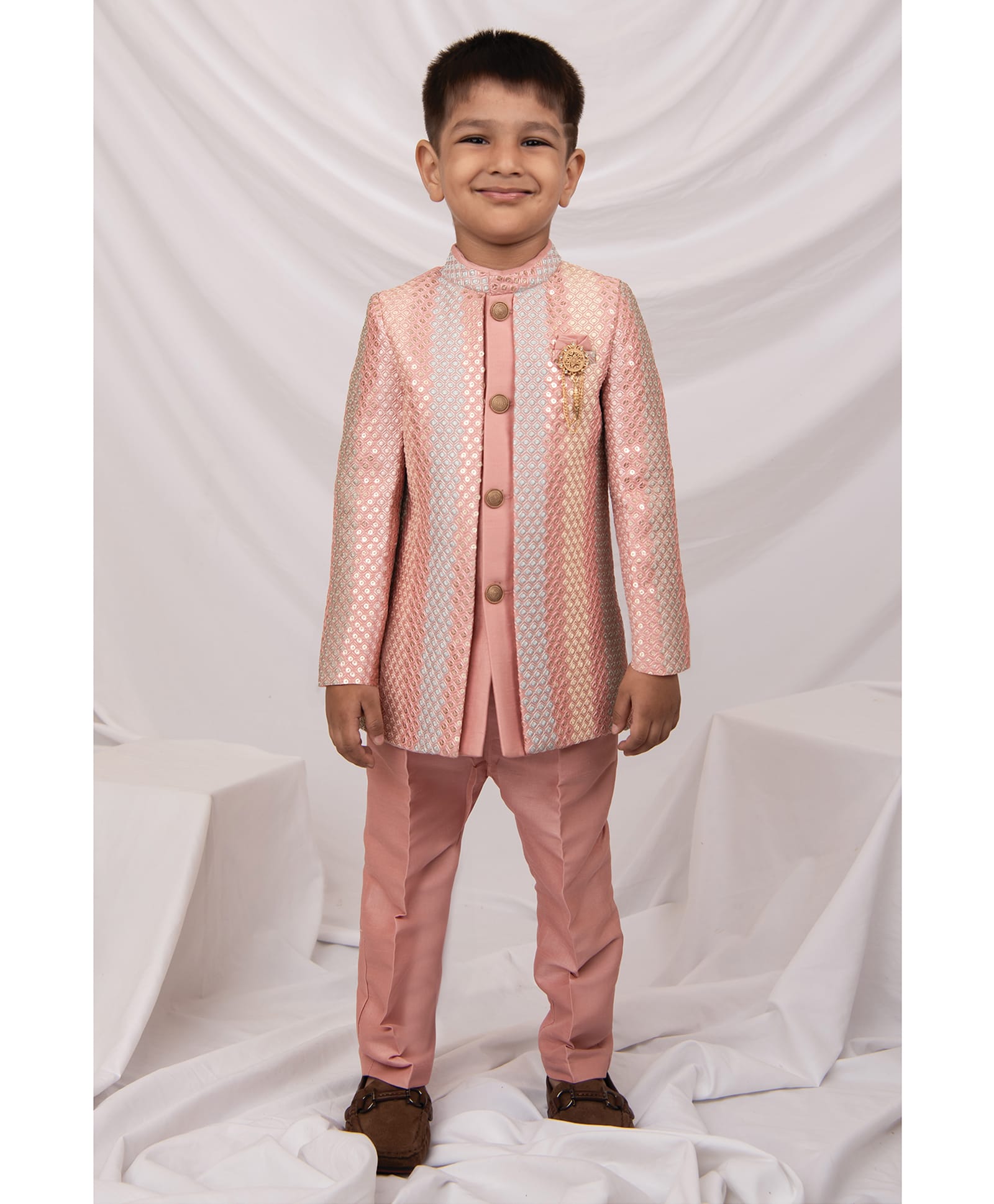 LITTLE COLLARS Jacquard Woven Full Sleeves Sequins Embellished Sherwani Pant Set With Brooch - Peach-image-16