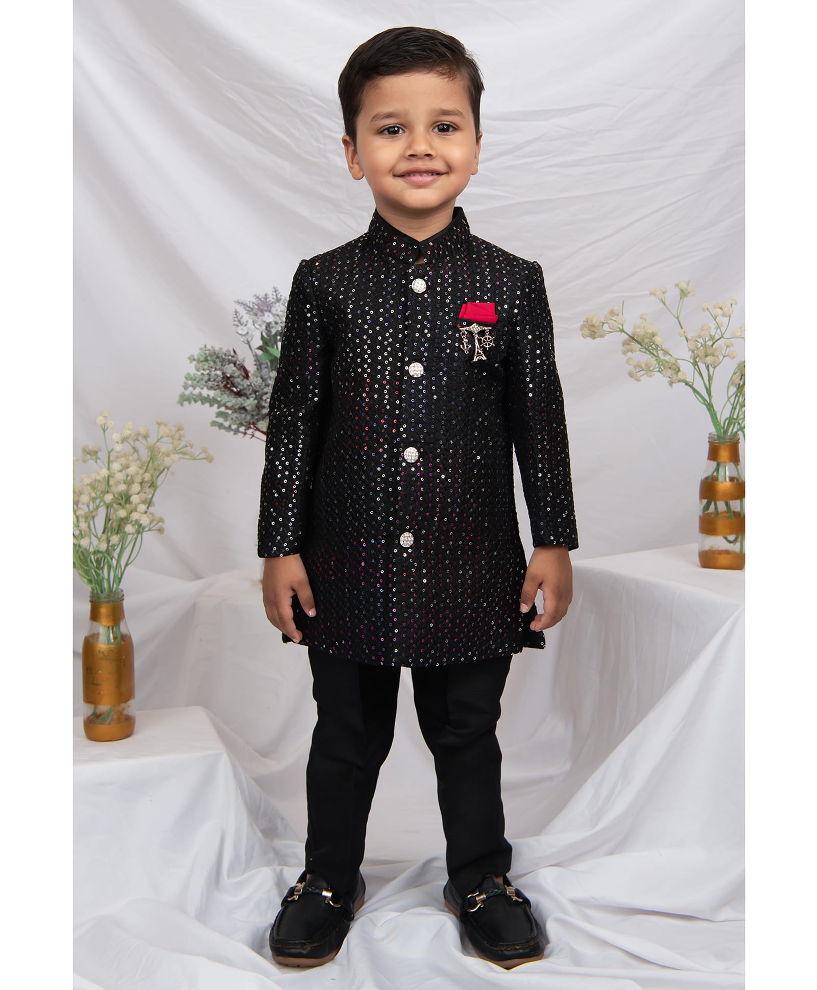 LITTLE COLLARS Blended Woven Full Sleeves Sequins Embellished Sherwani Pant Set With Brooch - Black-image-7