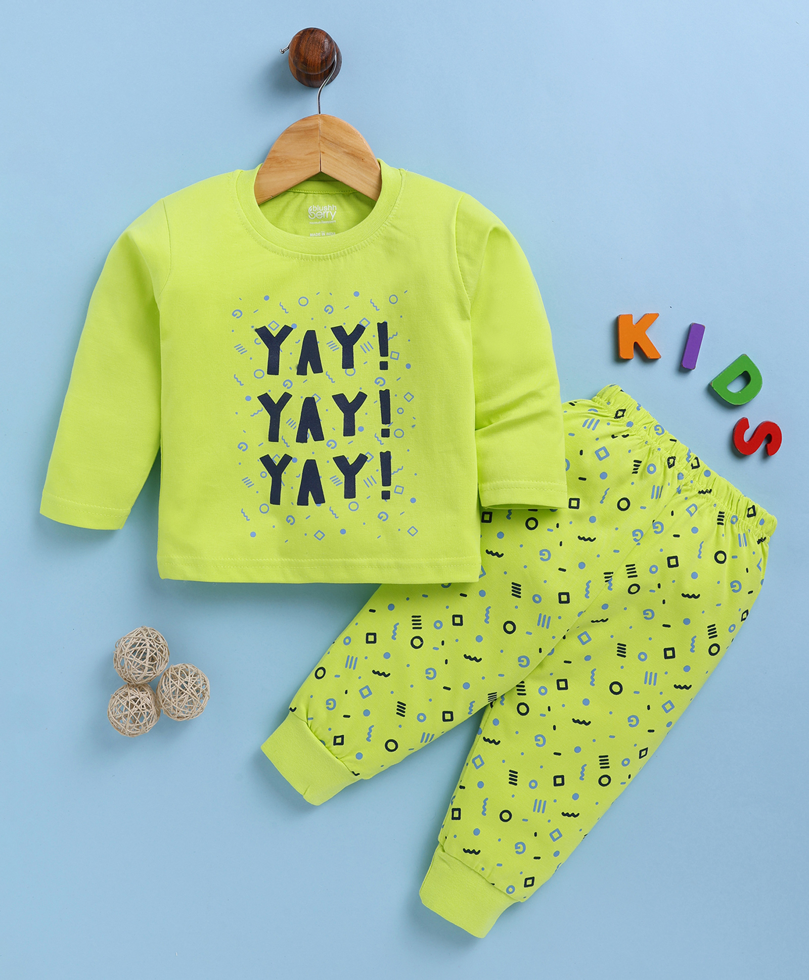 Blushh Berry Cotton Knit Full Sleeves Yay Text Printed Tee With Jogger Set - Green-image-33