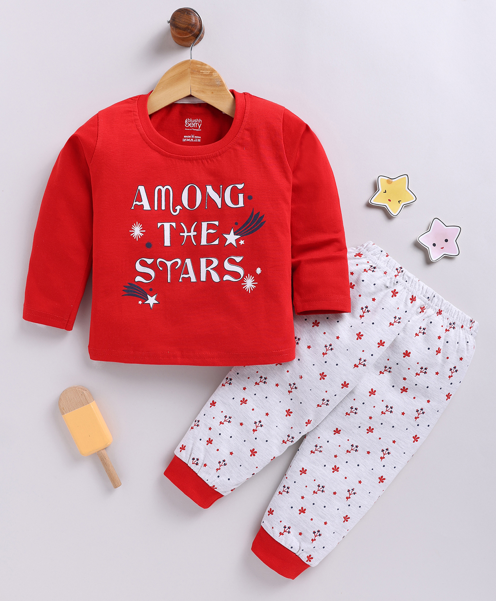 Blushh Berry Cotton Knit Full Sleeves Among The Stars Text Printed Tee With Jogger Set - Red-picture-17