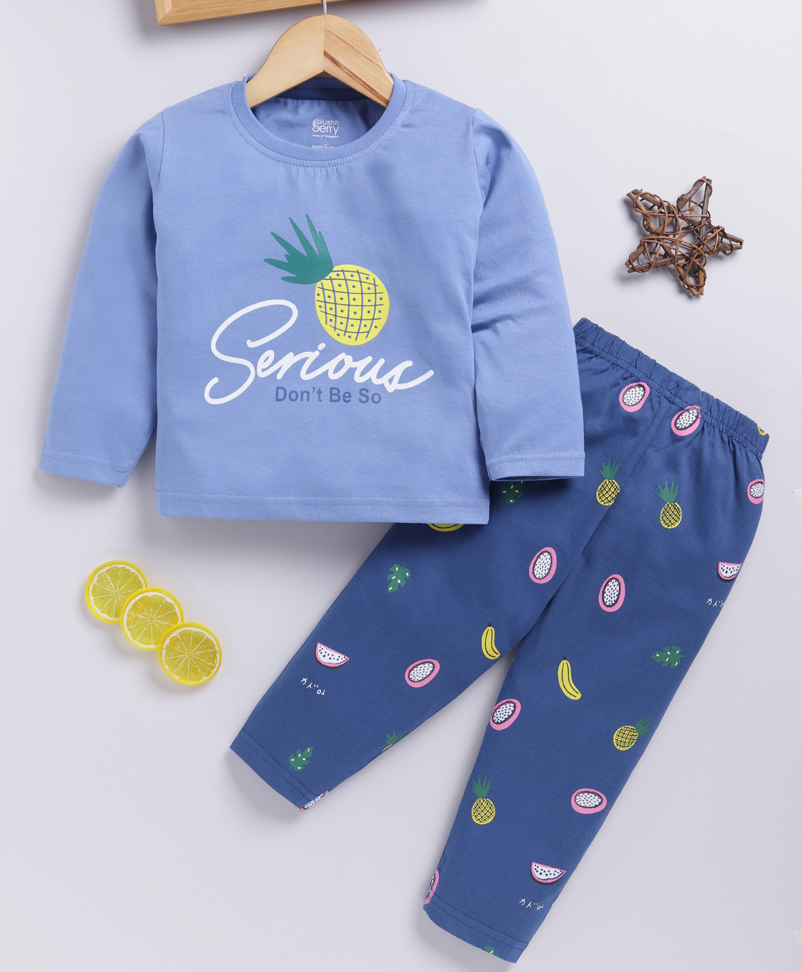 Blushh Berry Cotton Knit Full Sleeves Serious Dont Be So Text Printed Tee & Pajama Set - Royal Blue-image-26