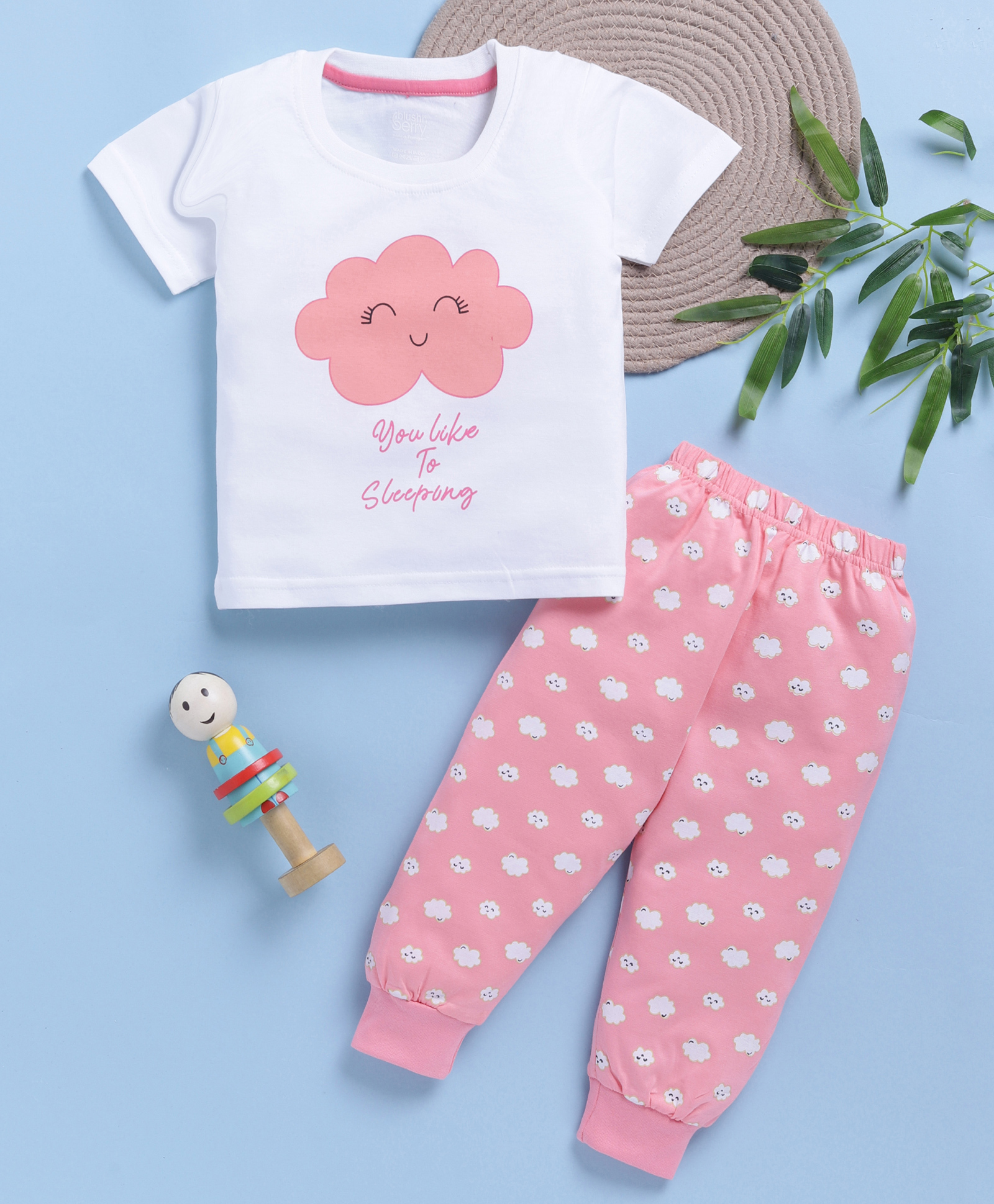 Blushh Berry Cotton Knit Half Sleeves Cloud Printed Tee & Joggers Set - Pink-image-37