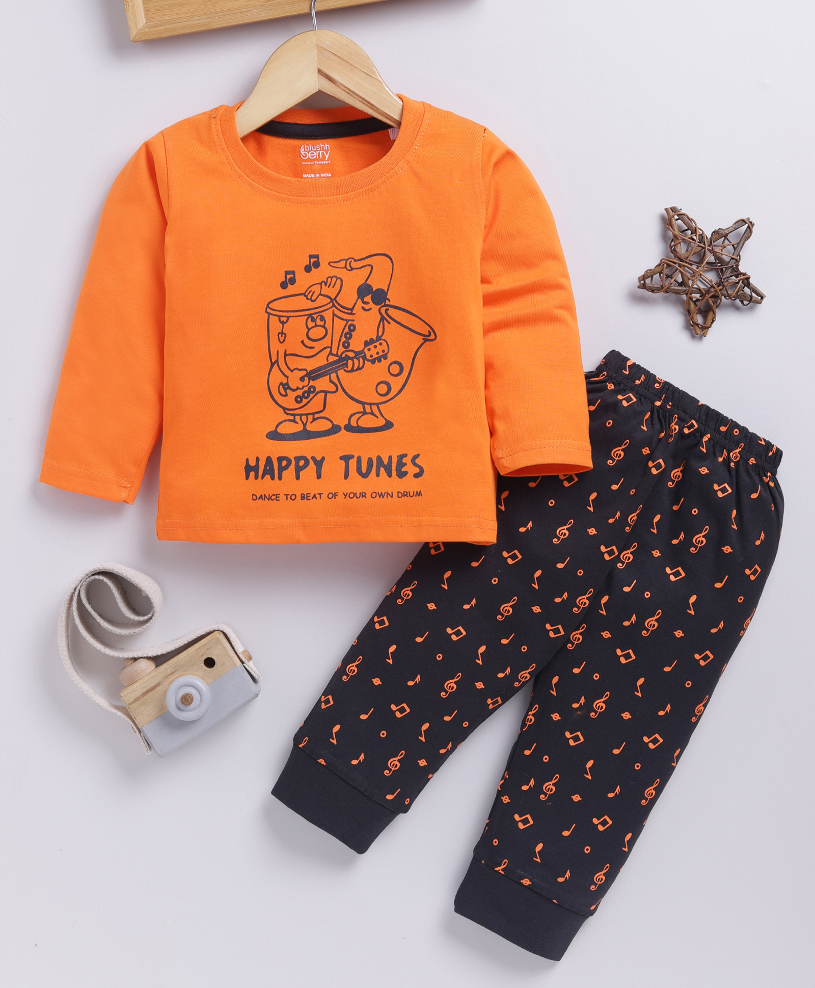 Blushh Berry Cotton Knit Full Sleeves Happy Tunes Text Printed Tee With Jogger Set - Orange-image-31