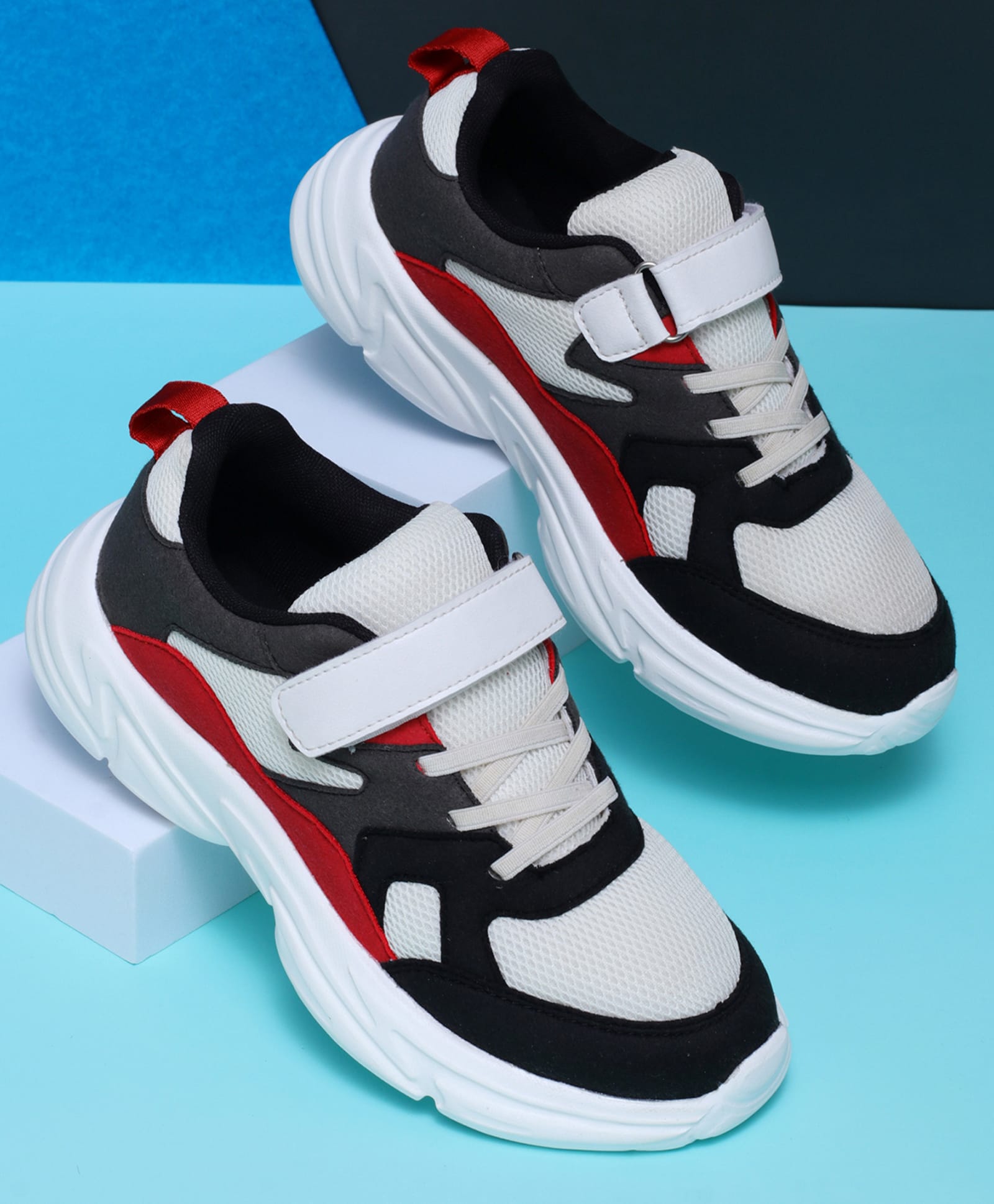 TRASE Colour Blocked Velcro Closure Sneakers - Black & Red-image-41
