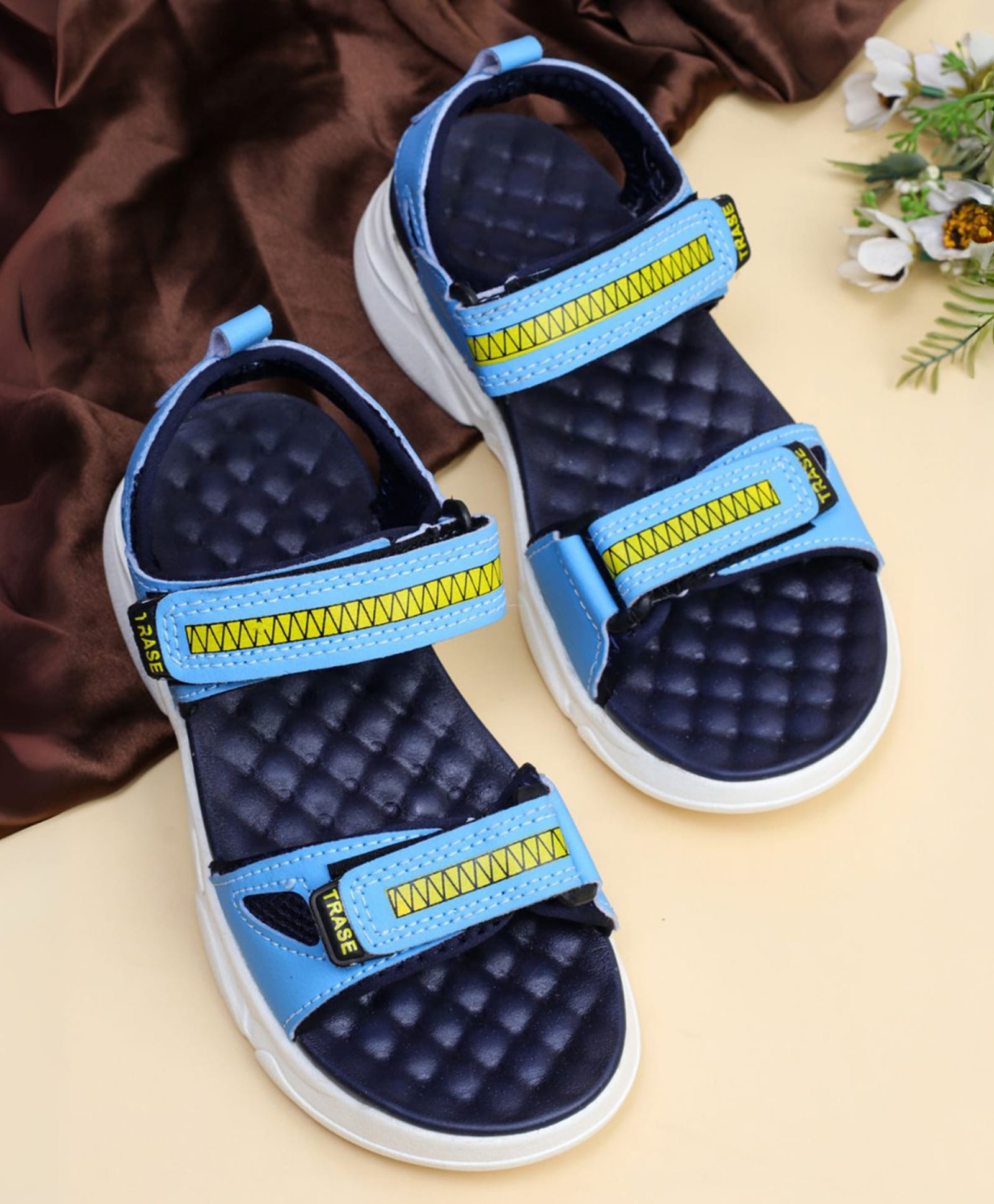 TRASE Abstract Designed Velcro Closure Open Toe Sandals - Blue & Yellow-image-28