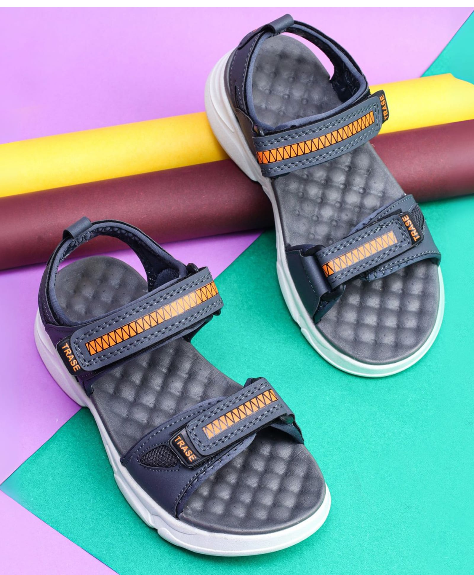 TRASE Abstract Designed Velcro Closure Open Toe Sandals - Grey & Orange-image-37