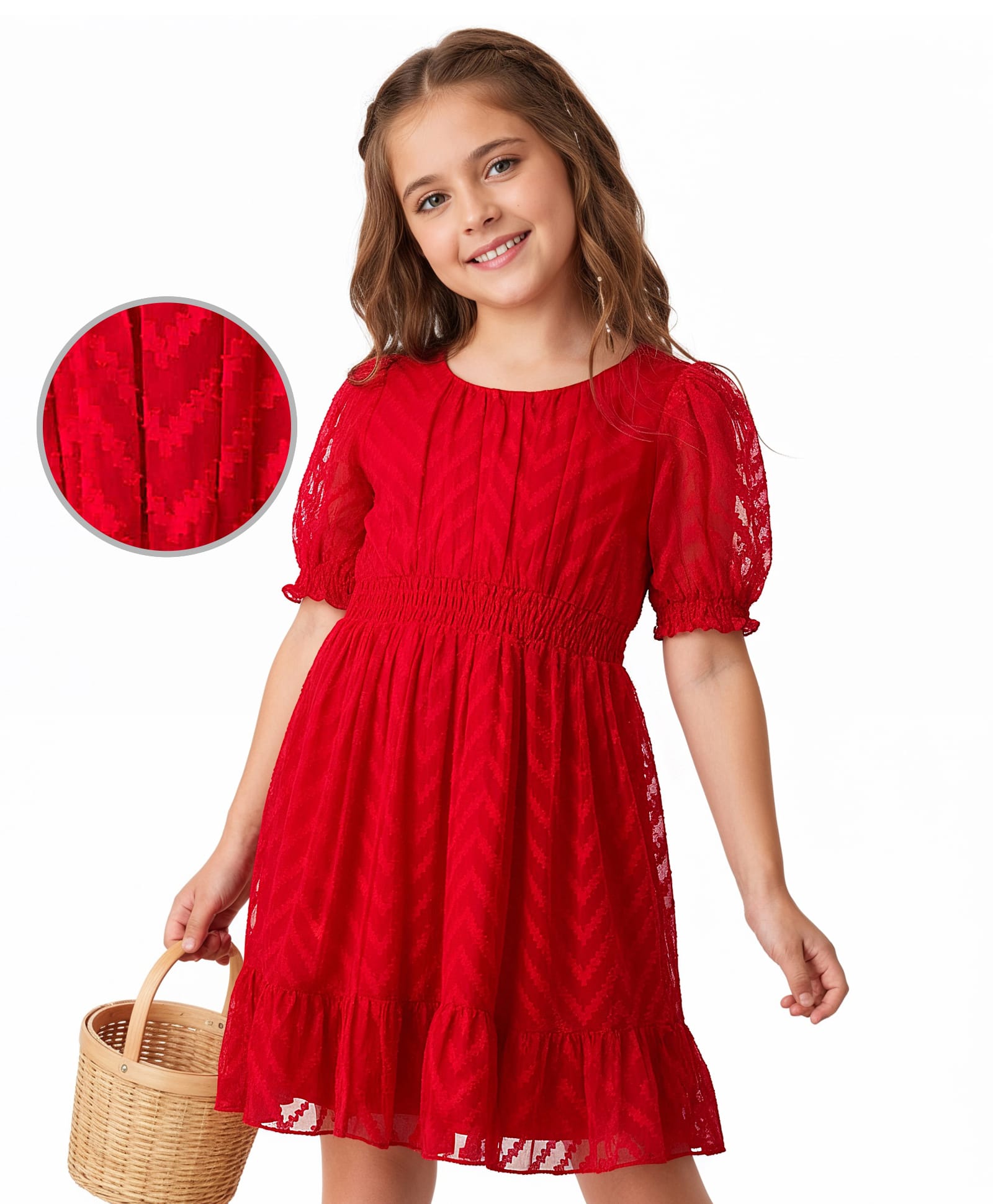Hola Bonita Woven Half Puffed Sleeves Solid Color Dress - Red-image-25
