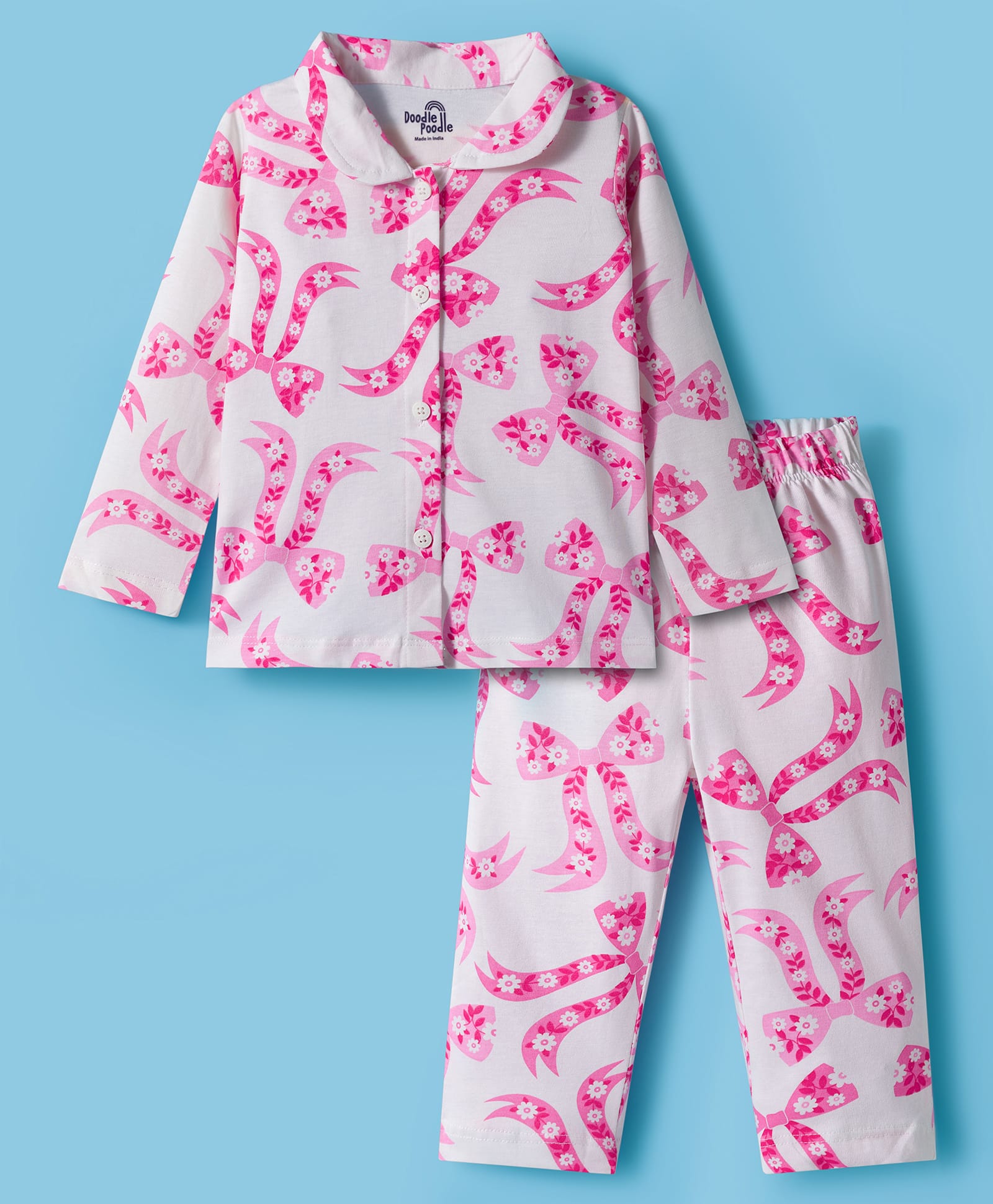 Doodle Poodle 100% Cotton Single Jersey Knit Full Sleeves Shirt & Pajama Co-ords Night Suit With Floral Print - Pink & White-image-29