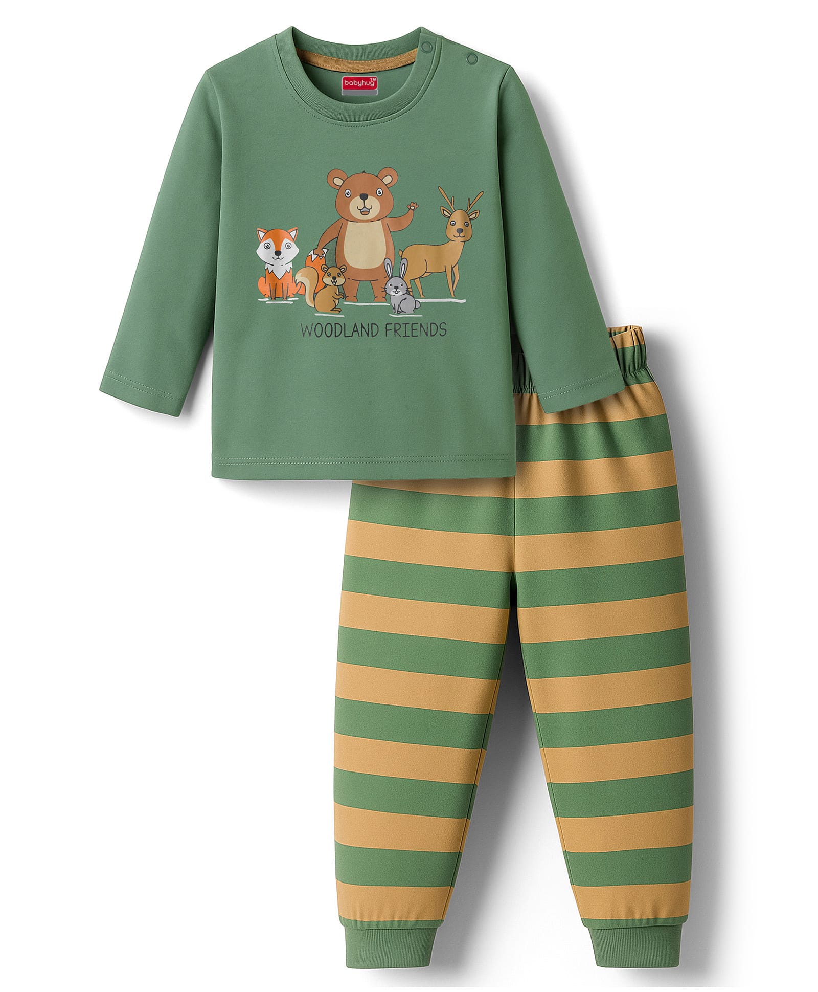 Babyhug Cotton Knit Full Sleeves Night Suit With Animal Print - Green