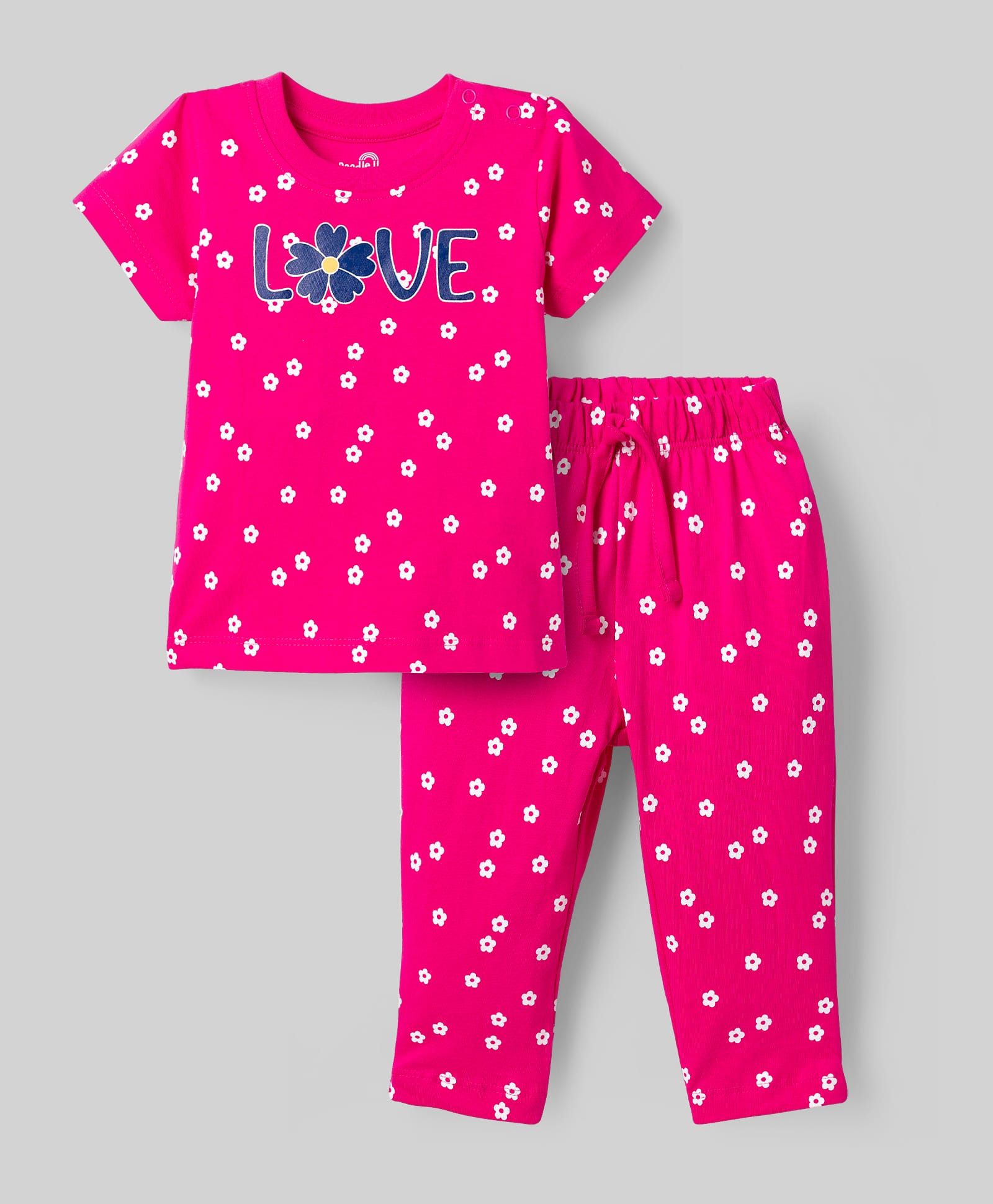 Doodle Poodle 100% Cotton Single Jersey Knit Half Sleeves Co-ords T-Shirt Style & Pajama Night Suit With Floral Print - Fuchsia-image-30