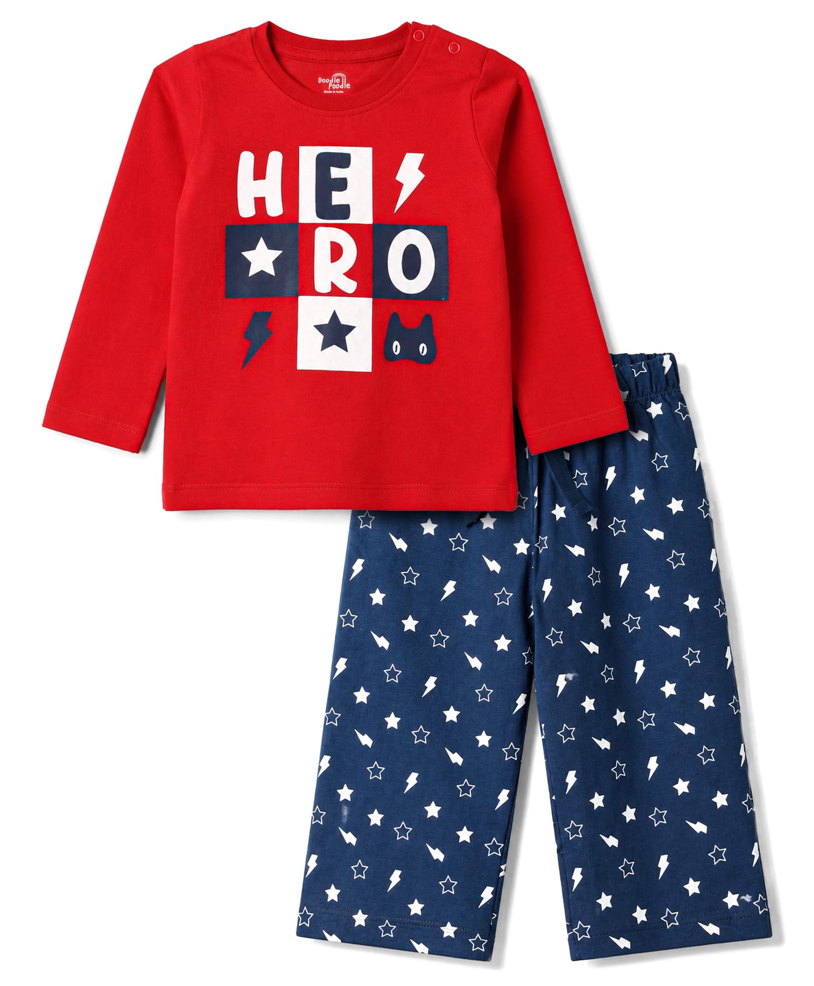 Doodle Poodle Single Jersey Knit Full Sleeves Hero Printed T-Shirt & Pyjama Nght Suit - Red & Navy-image-7