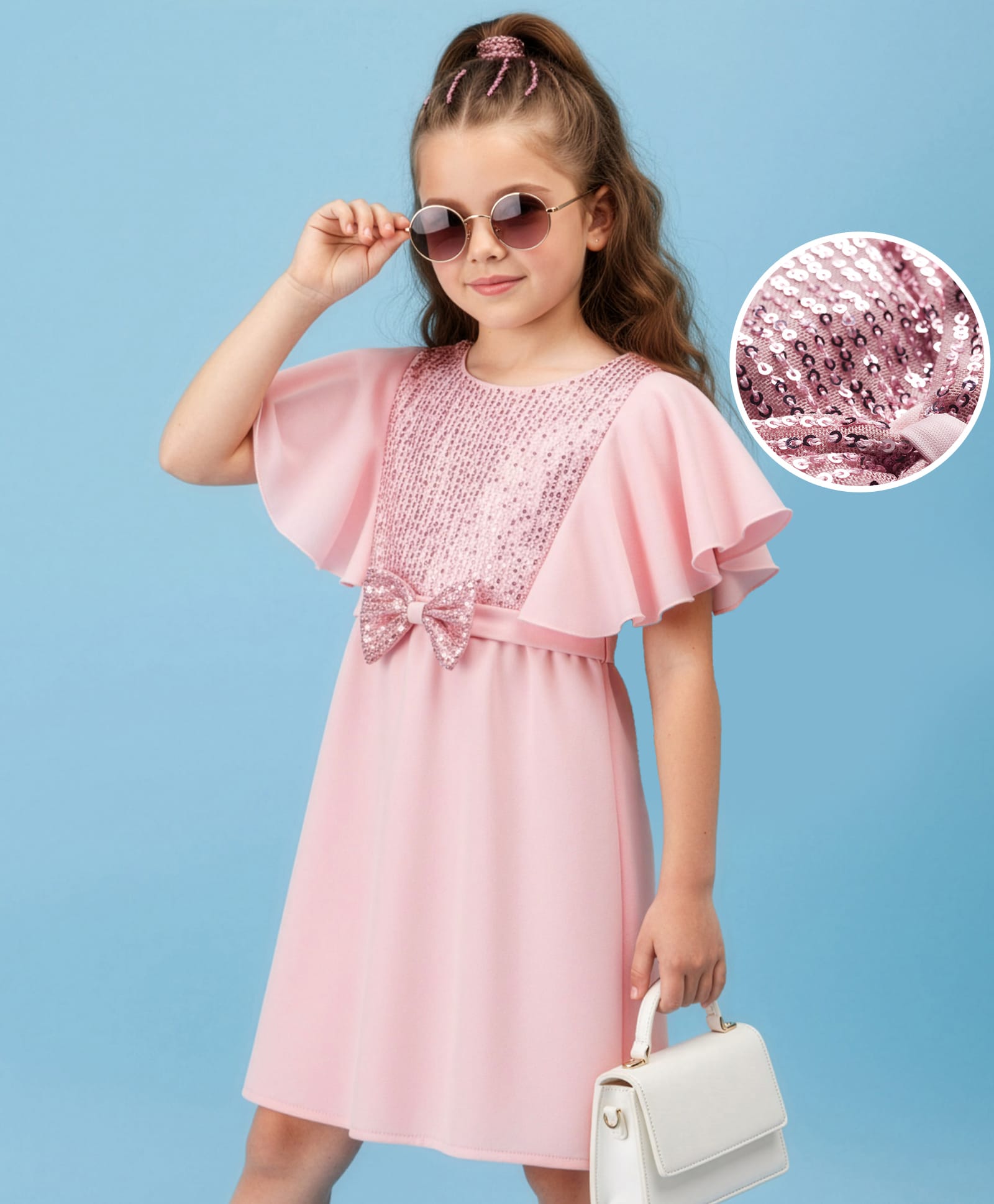 Hola Bonita Knit Half Flutter Sleeves Party Dress with Belt Bow Applique & Sequin Detailing - Pink-image-38