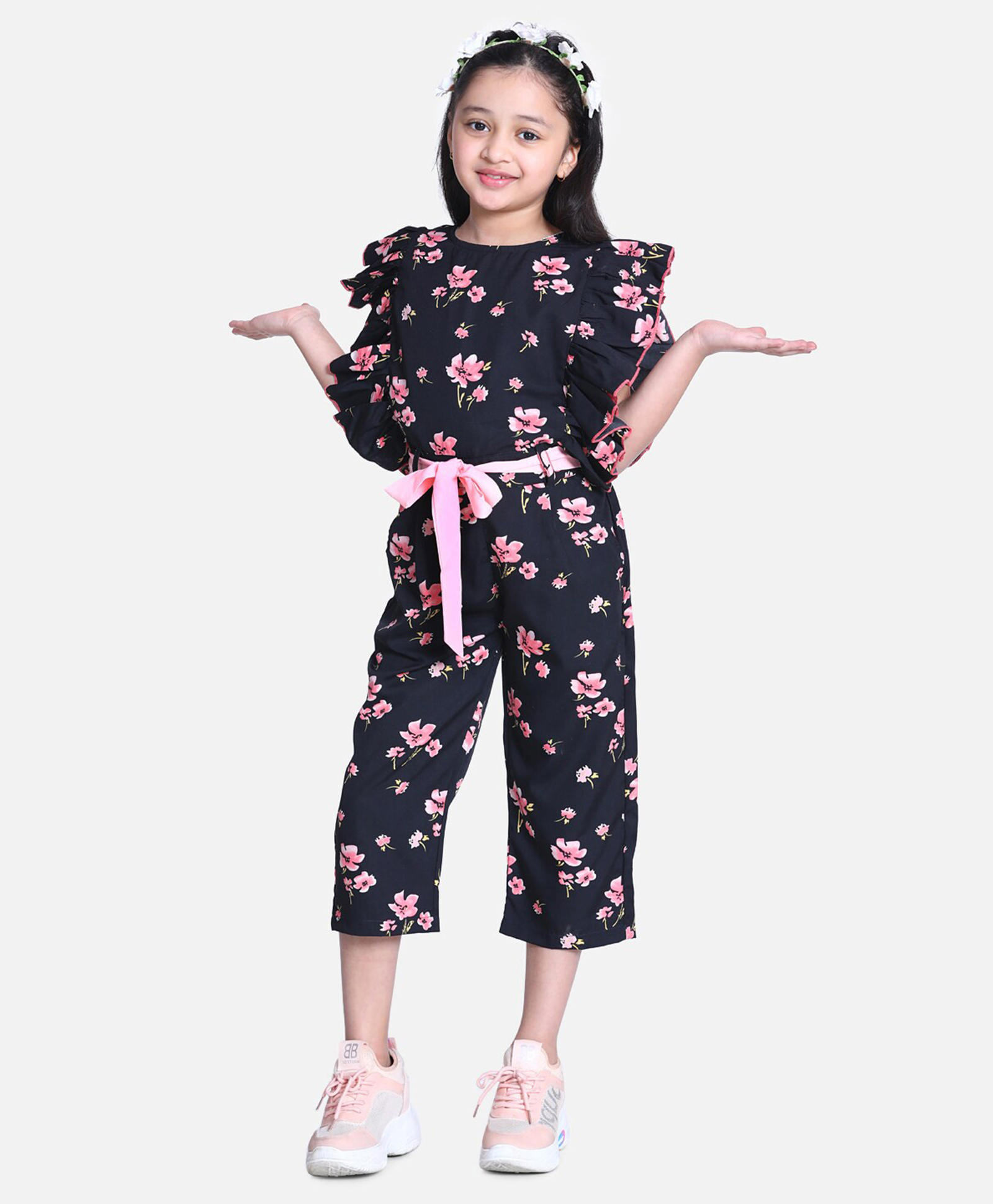 Cutiekins Woven Sleeveless Floral Printed Frill Detailed Jumpsuit - Black & Pink-image-22