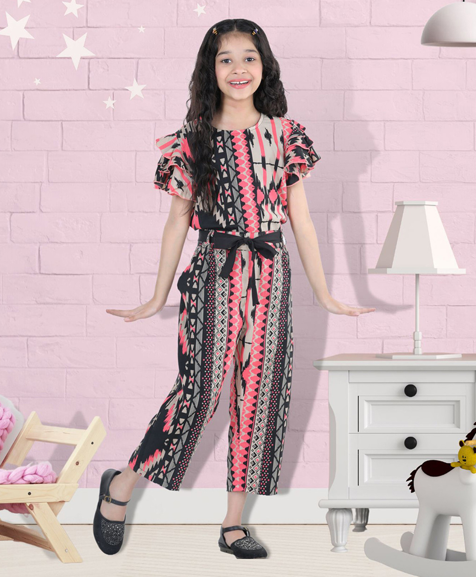 Cutiekins Woven Half Sleeves Ikat Printed Jumpsuit - Black & Pink-picture-18