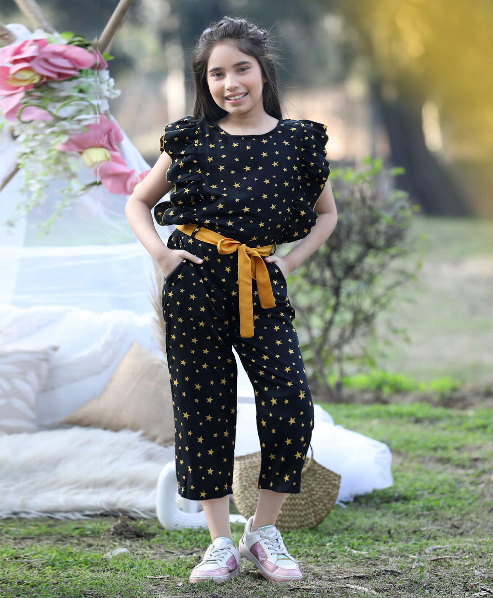 Cutiekins Woven Sleeveless Stars Printed Frill Detailed Jumpsuit - Black & Mustard-image-24