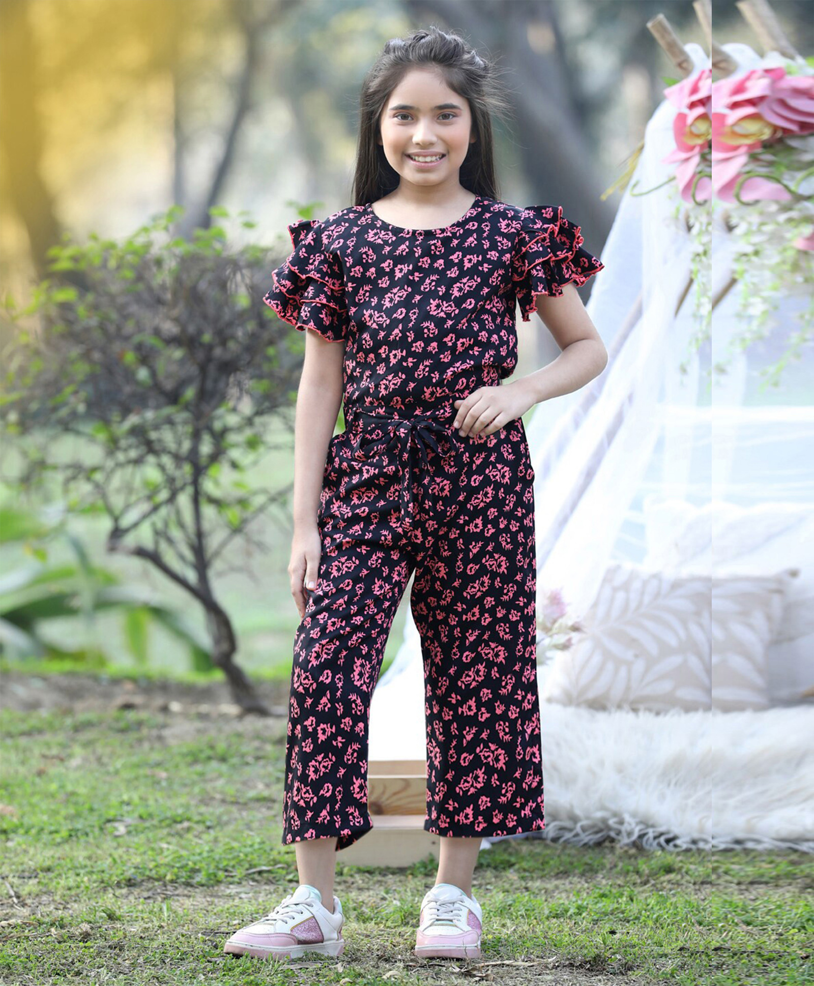 Cutiekins Woven Half Sleeves Floral Printed Jumpsuit - Black & Red-picture-32