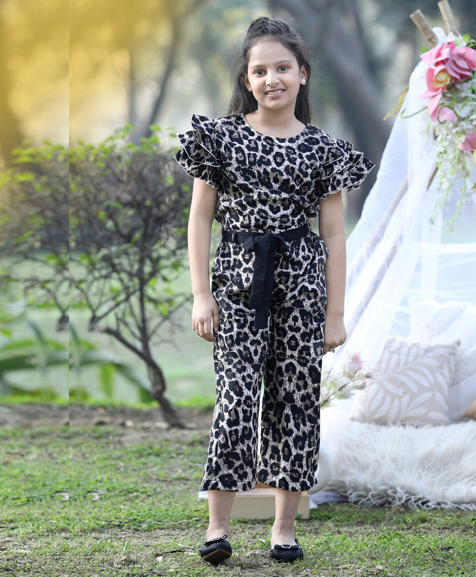 Cutiekins Woven Half Sleeves Leopard Printed Jumpsuit - Black & White-picture-17