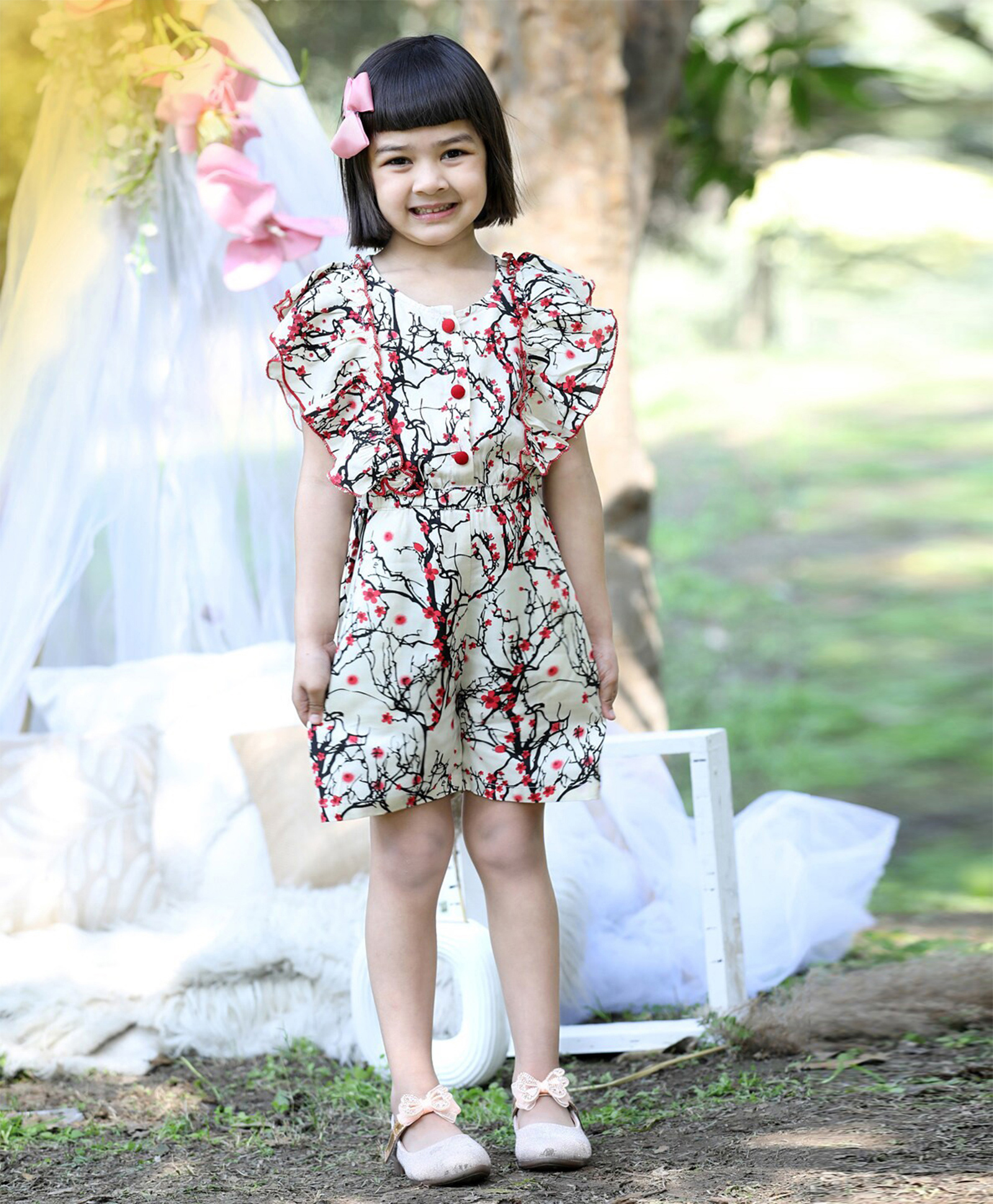 Cutiekins Rayon Woven Frill Sleeves Floral Printed Jumpsuit - Off White & Red-picture-25