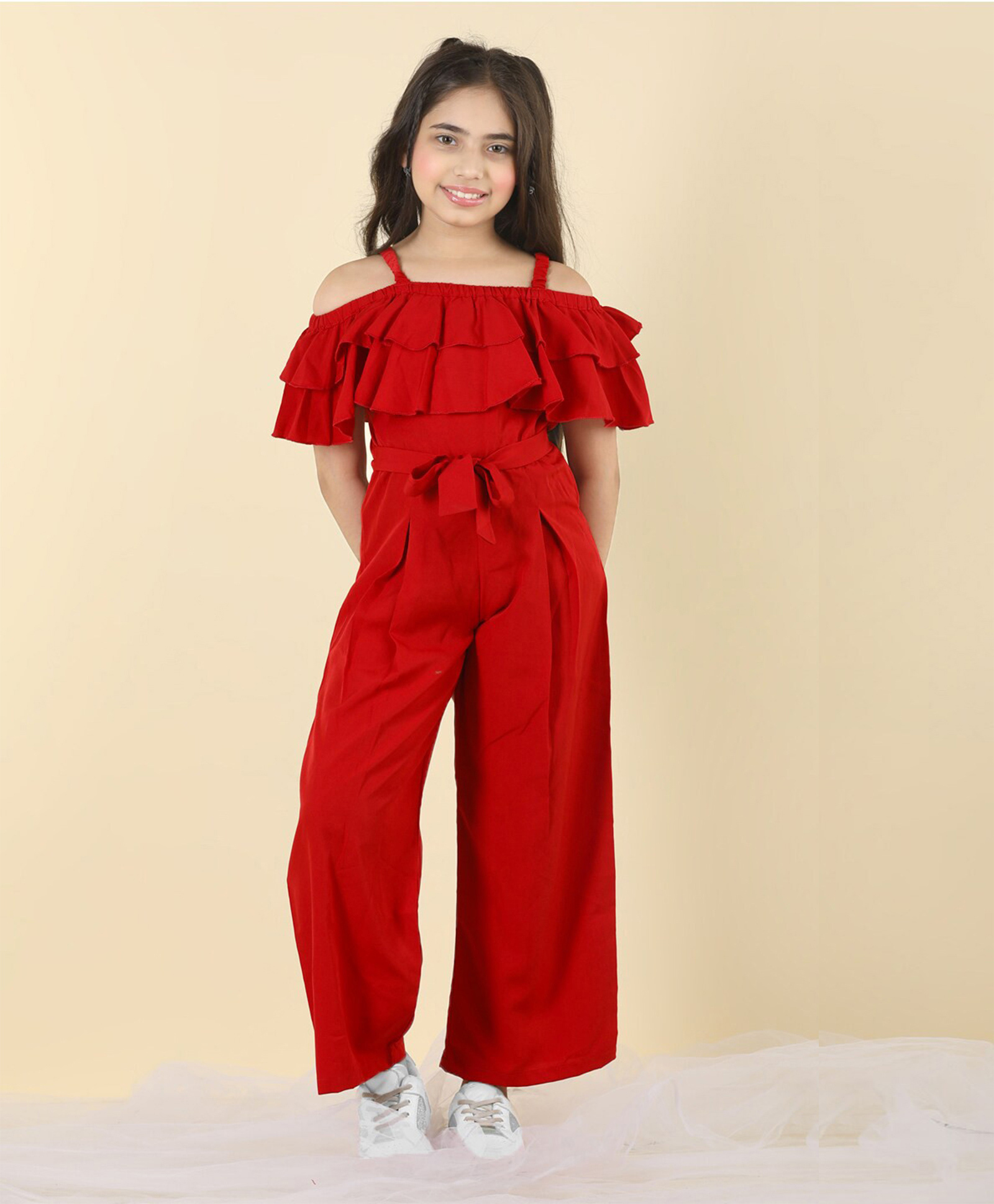 Cutiekins Woven Sleeveless Solid Frill Detailed Jumpsuit - Red-picture-17