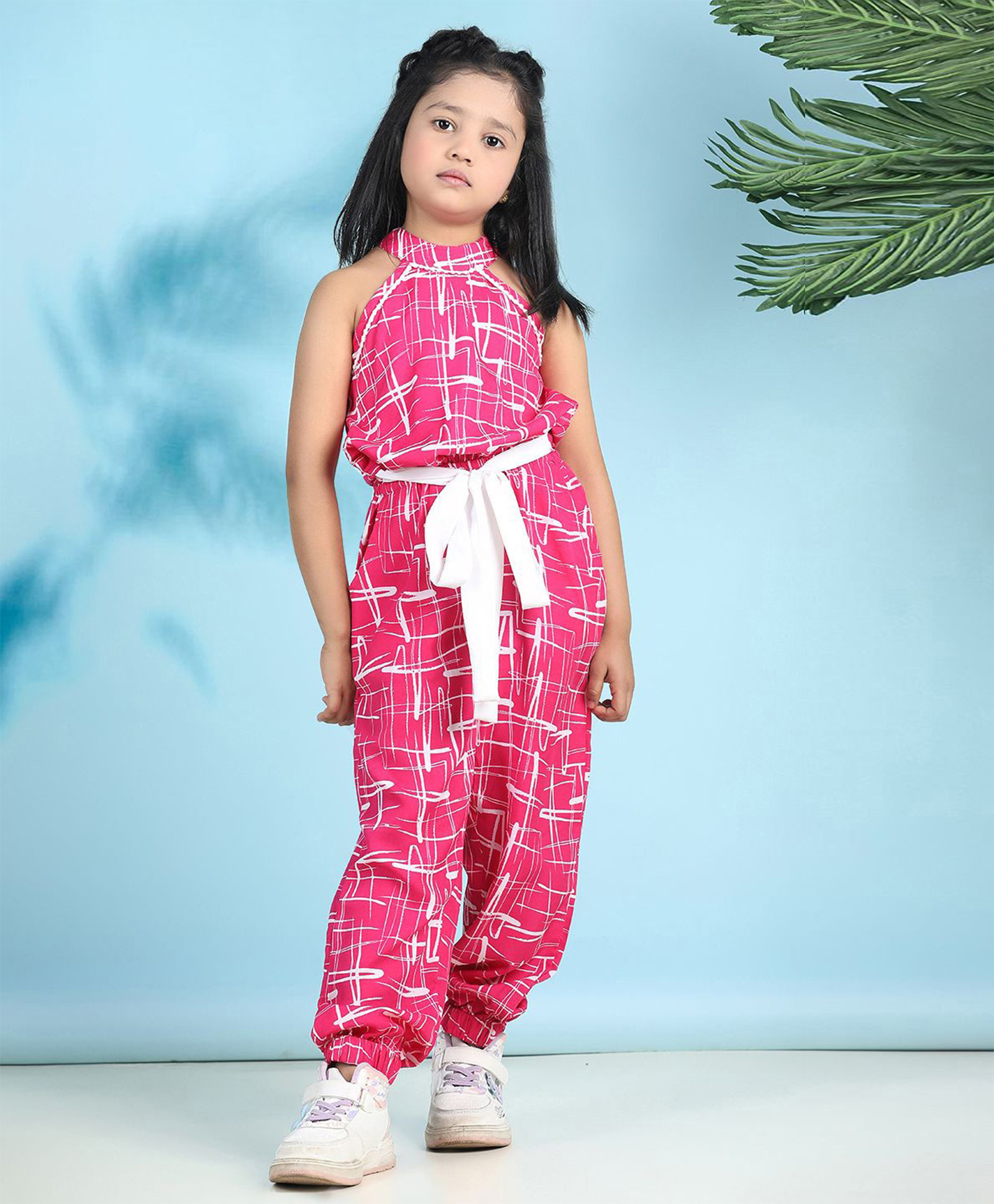Cutiekins Woven Sleeveless Abstract Printed Halter Neck Jumpsuit - Pink & White-picture-28