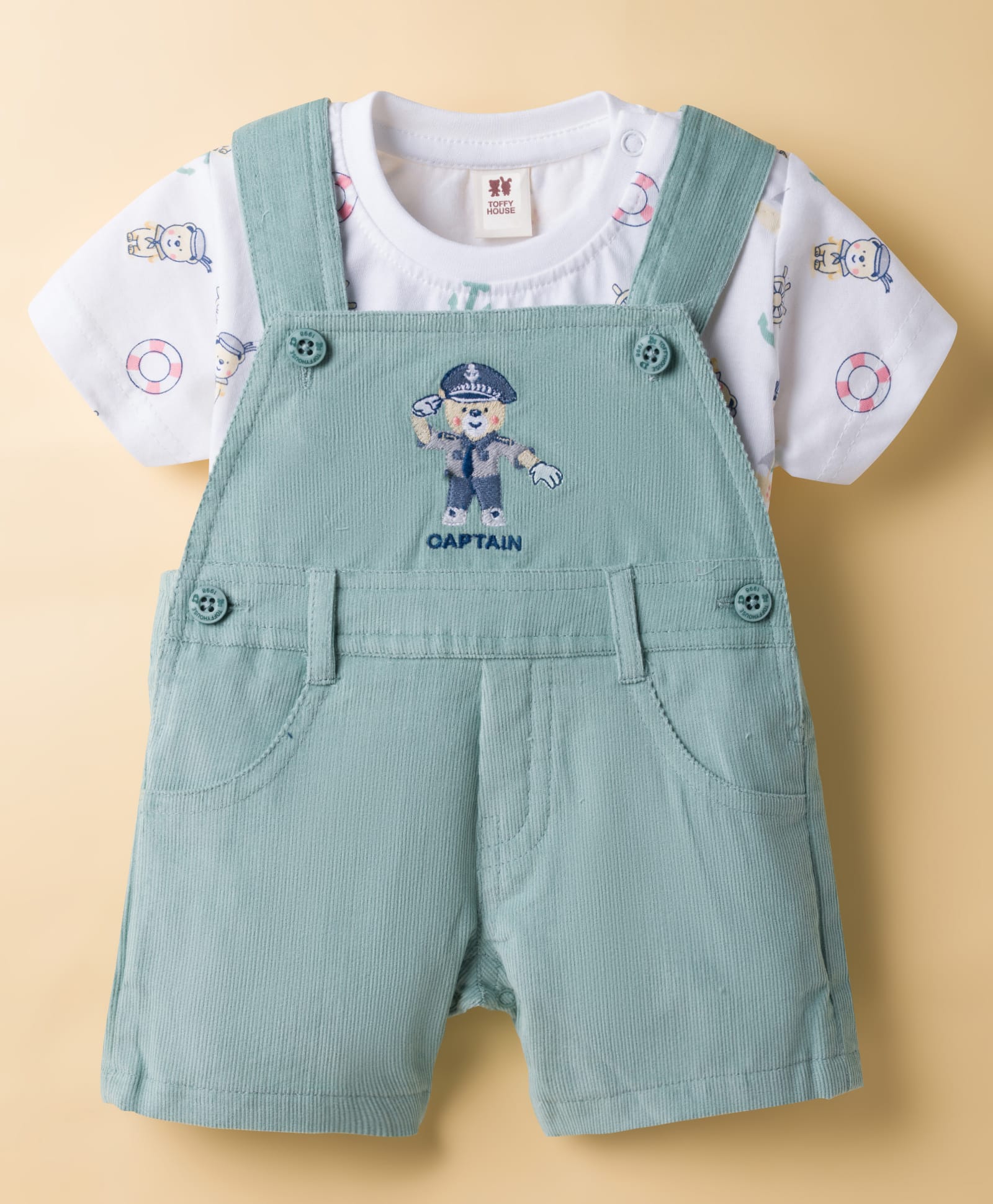ToffyHouse Cotton Knit Dungaree & Half Sleeves T-Shirt with Nautical Theme Print & Embroidery - Sea Green & White