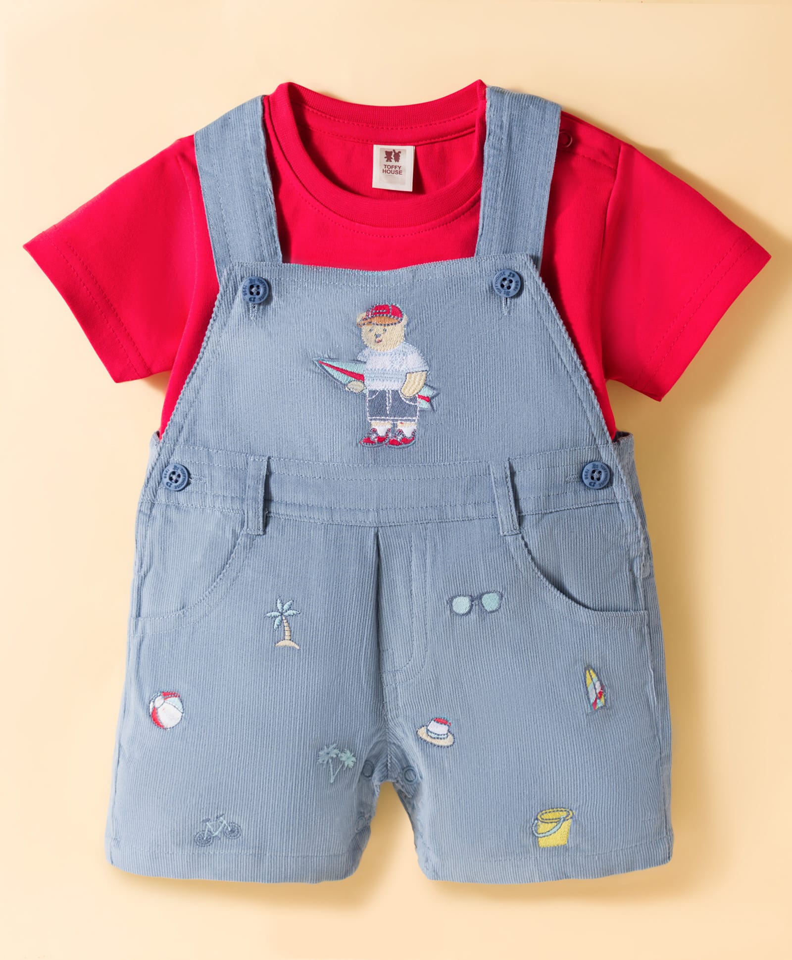 ToffyHouse Cotton Knit Half Sleeves T-Shirt & Dungaree with Teddy Embroidery - Red & Light Blue