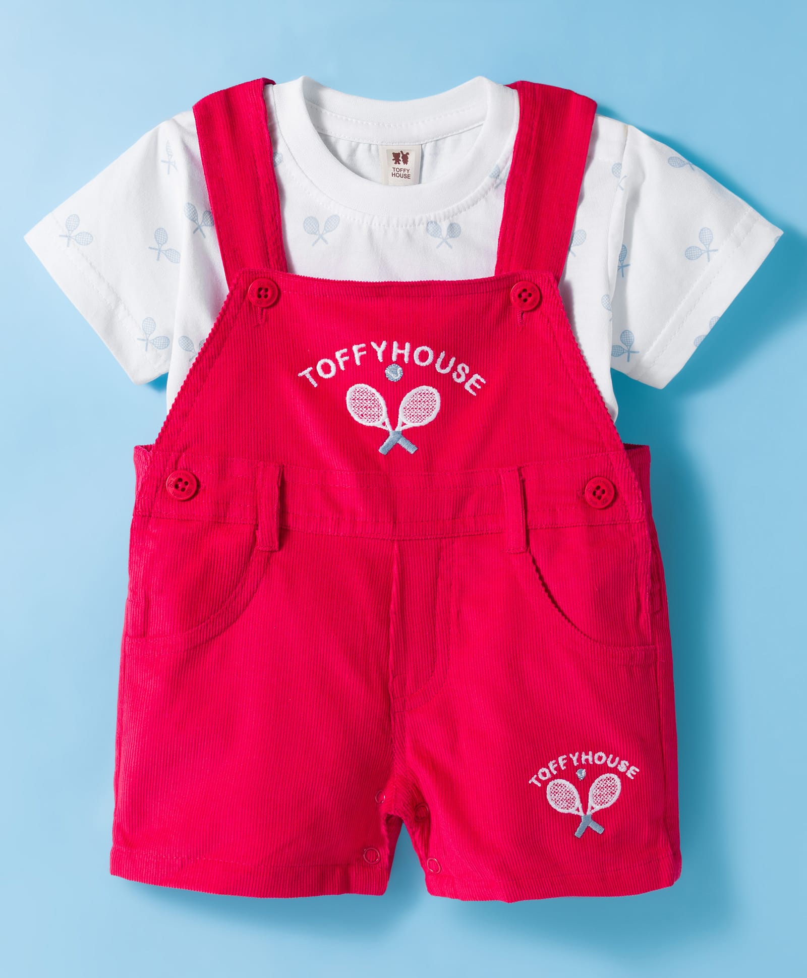 ToffyHouse Cotton Knit Half Sleeves Tennis Racket Print T-Shirt with Embroidered Corduroy Dungaree - Red & White-image-0