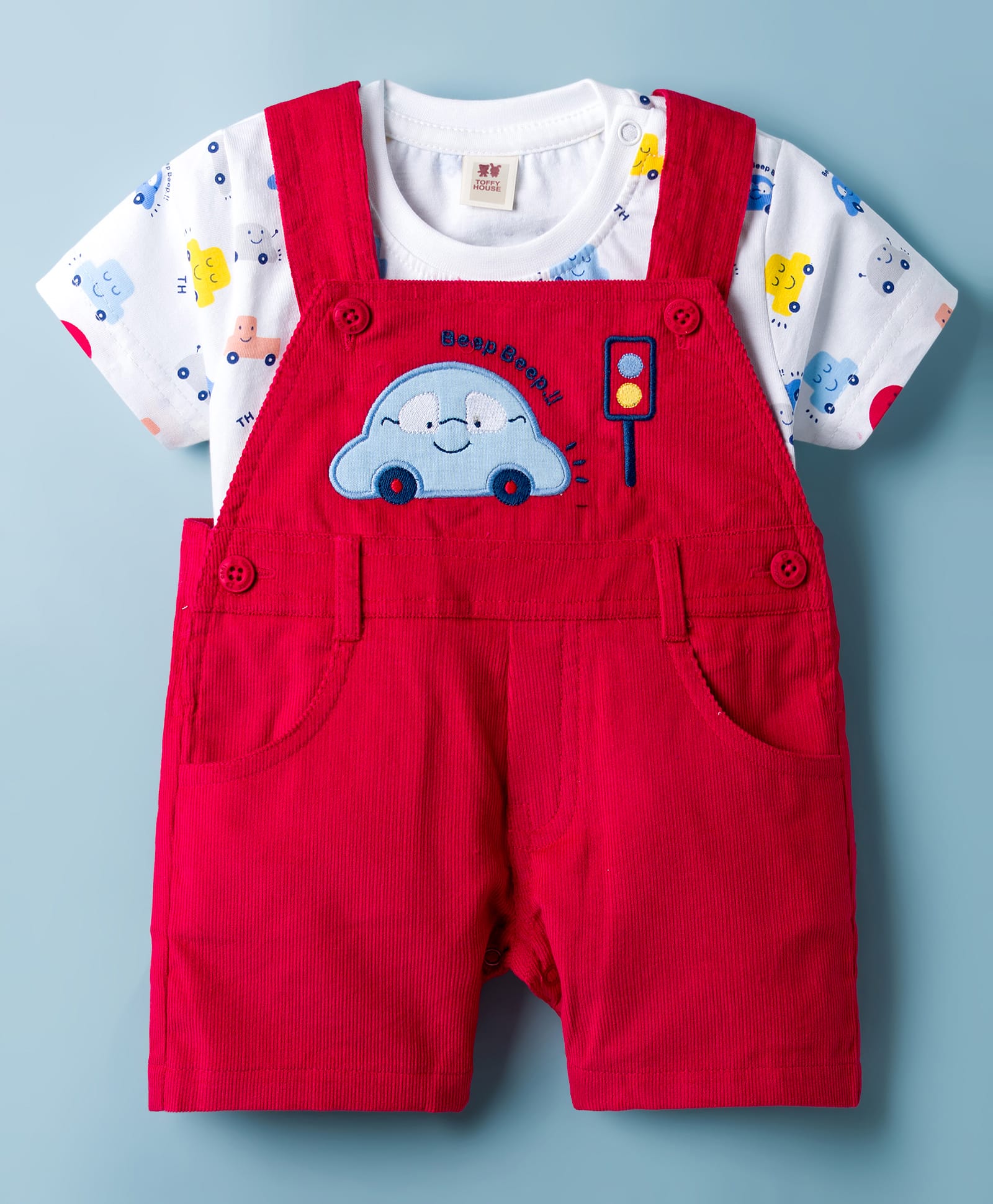 ToffyHouse Interlock Knit Half Sleeves T-Shirt & Dungaree with Vehicle Patch & Print - Red & White