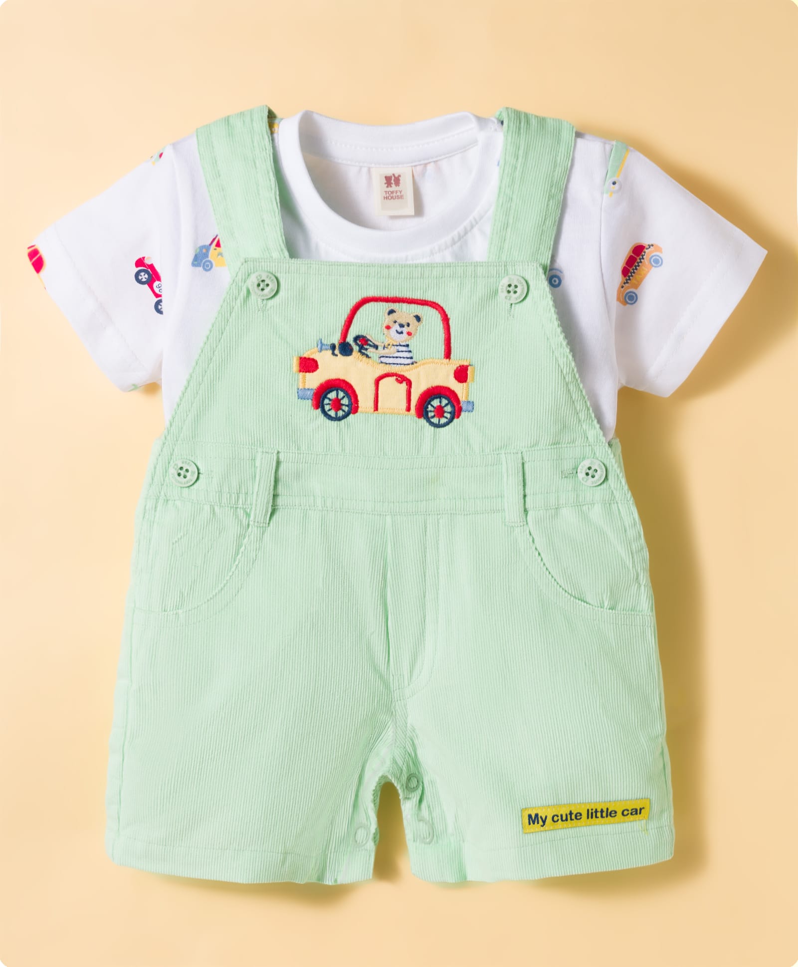 ToffyHouse 100% Cotton Knit Dungaree & Half Sleeves T-Shirt with Car Print & Embroidery - Light Green-image-17