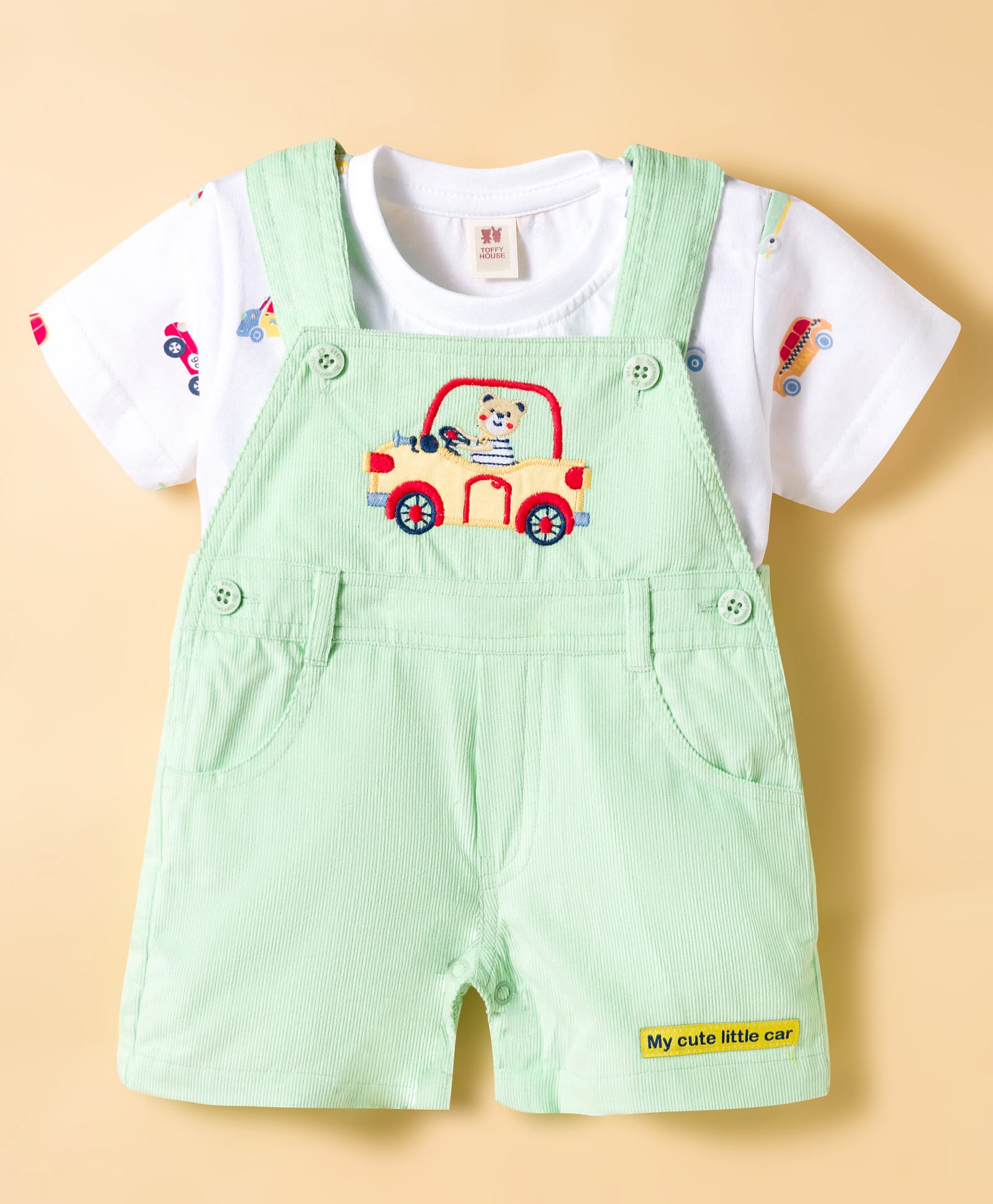 ToffyHouse Cotton Knit Half Sleeves T-Shirt & Dungaree with Vehicle Print & Embroidery - Light Green & White-image-29