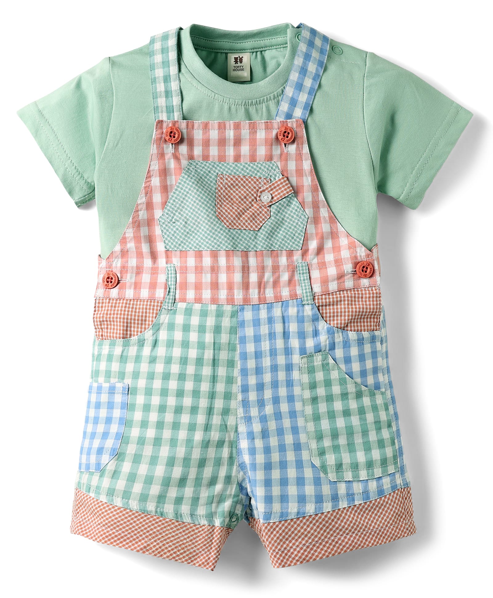 ToffyHouse Cotton Woven Checkered Dungaree with Half Sleeves Inner Tee - Multicolor-picture-17