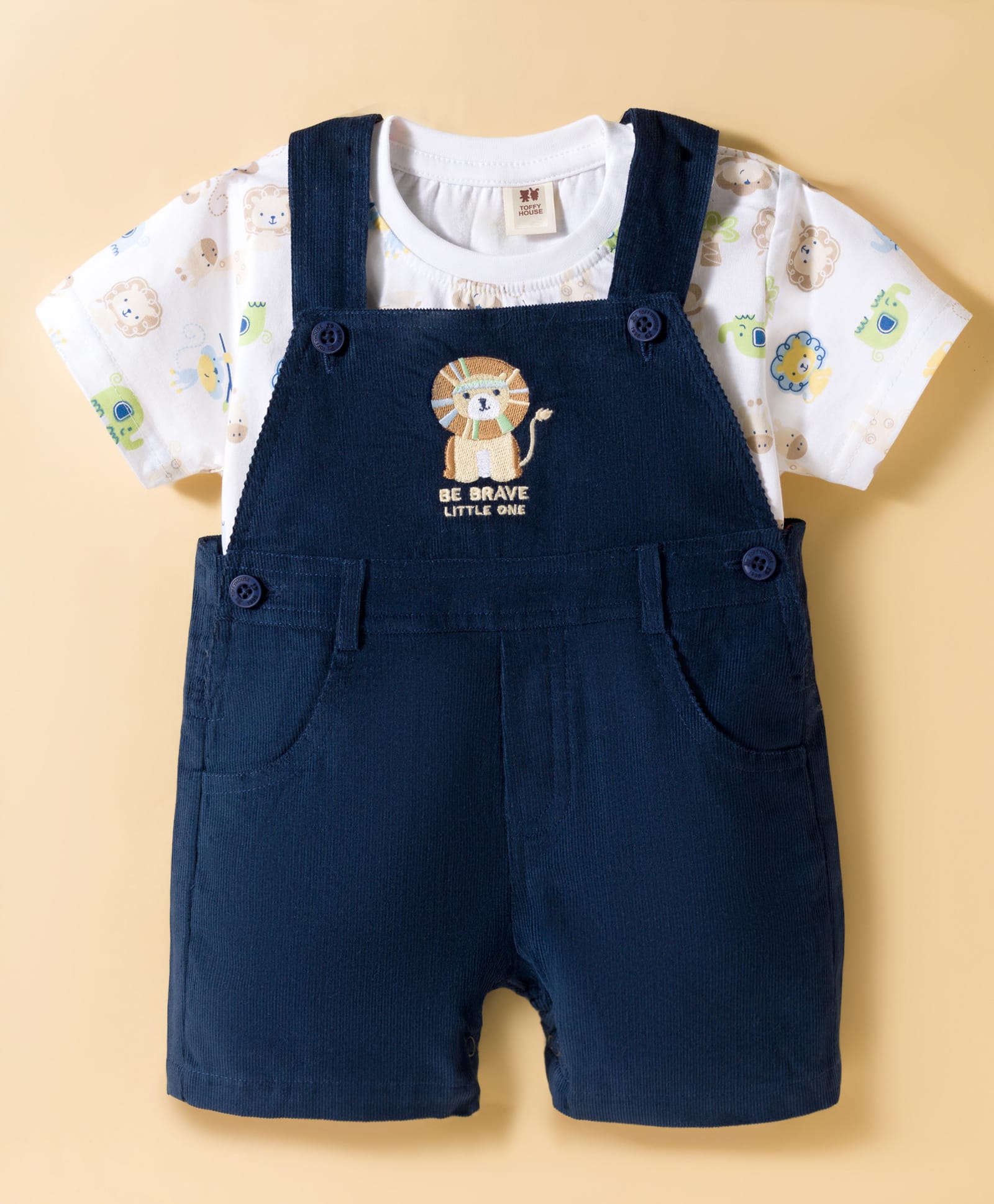 ToffyHouse Cotton Knit Half Sleeves T-Shirt & Dungaree With Lion Print & Embroidery - Navy Blue & White