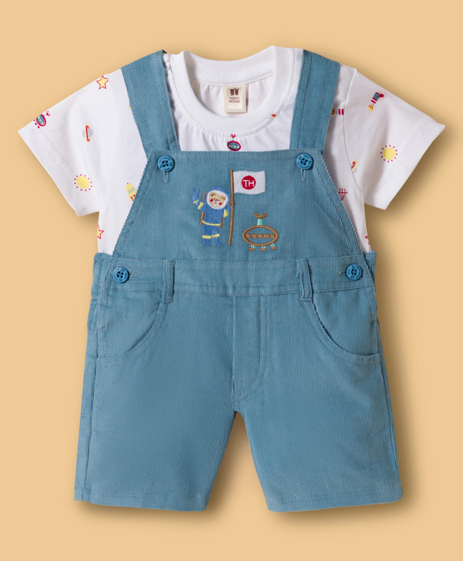 ToffyHouse Interlock Knit Half Sleeves T-Shirt & Corduroy Dungaree with Space Theme Print & Embroidery - White & Light Blue-image-15