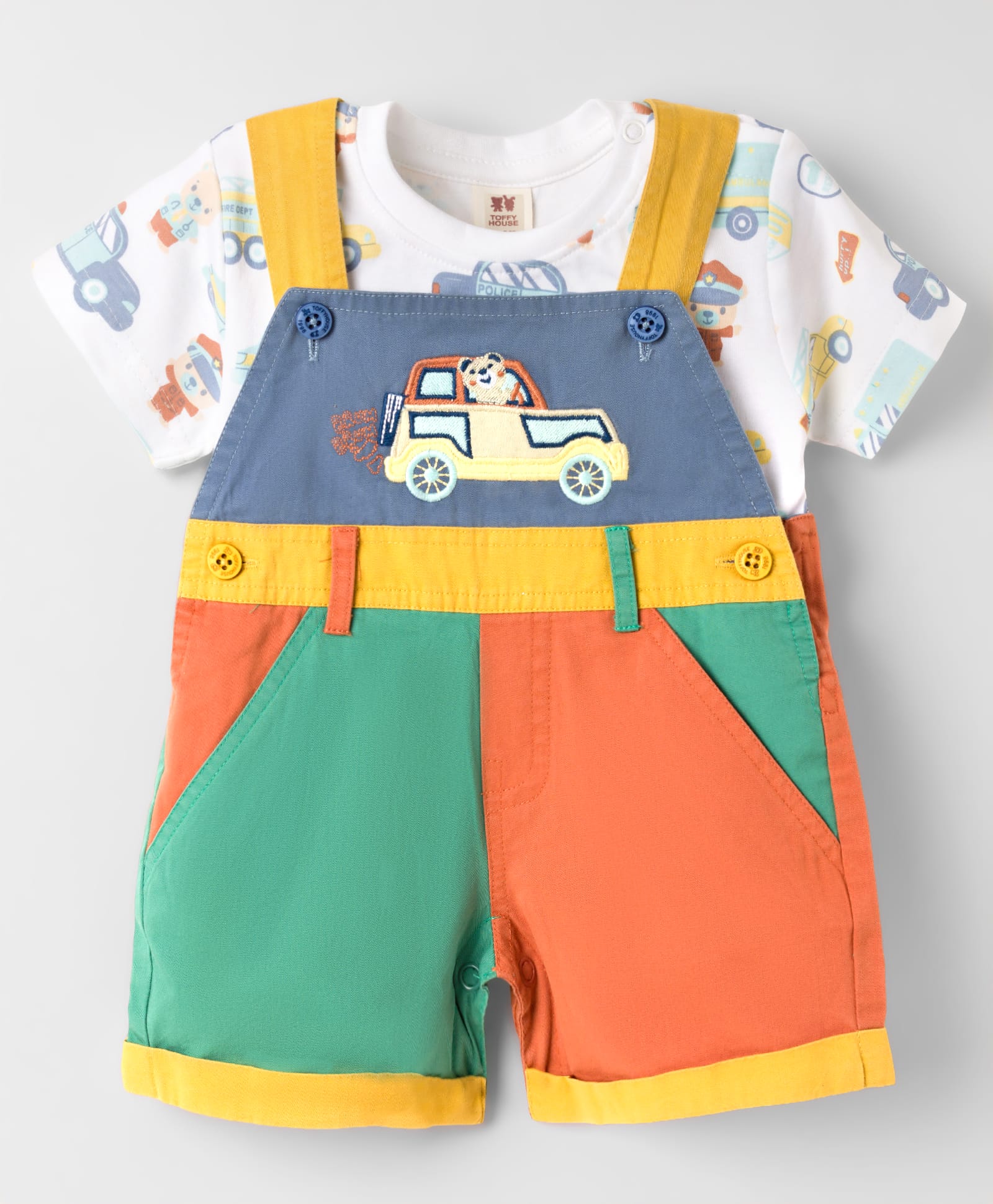 ToffyHouse Cotton Knit Half Sleeves T-Shirt & Dungaree With Vehicle Print & Embroidery - White-image-32