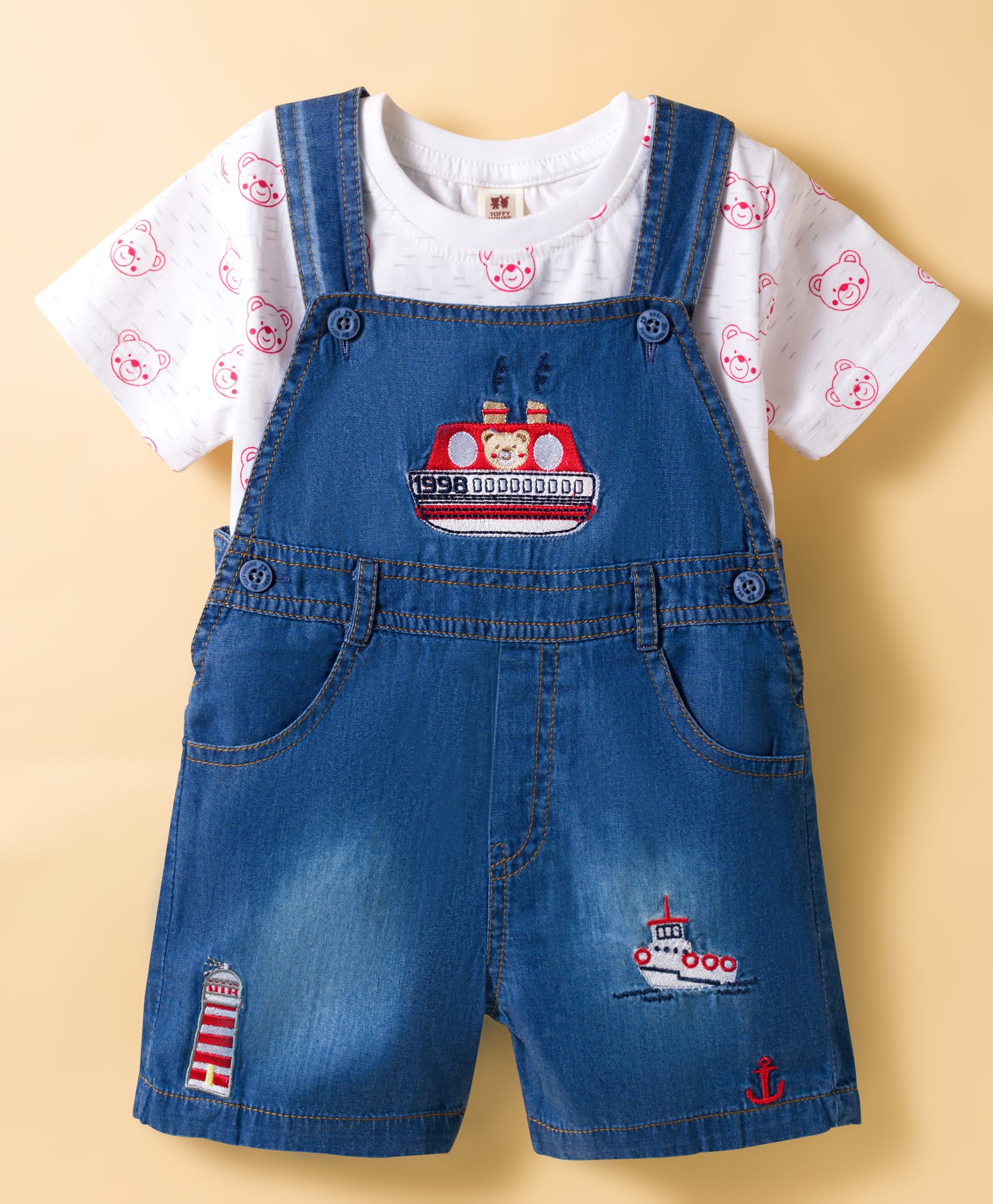 ToffyHouse Interlock Knit Half Sleeves T-Shirt & Denim Dungaree with Teddy Print & Embroidery - Blue & White-image-35