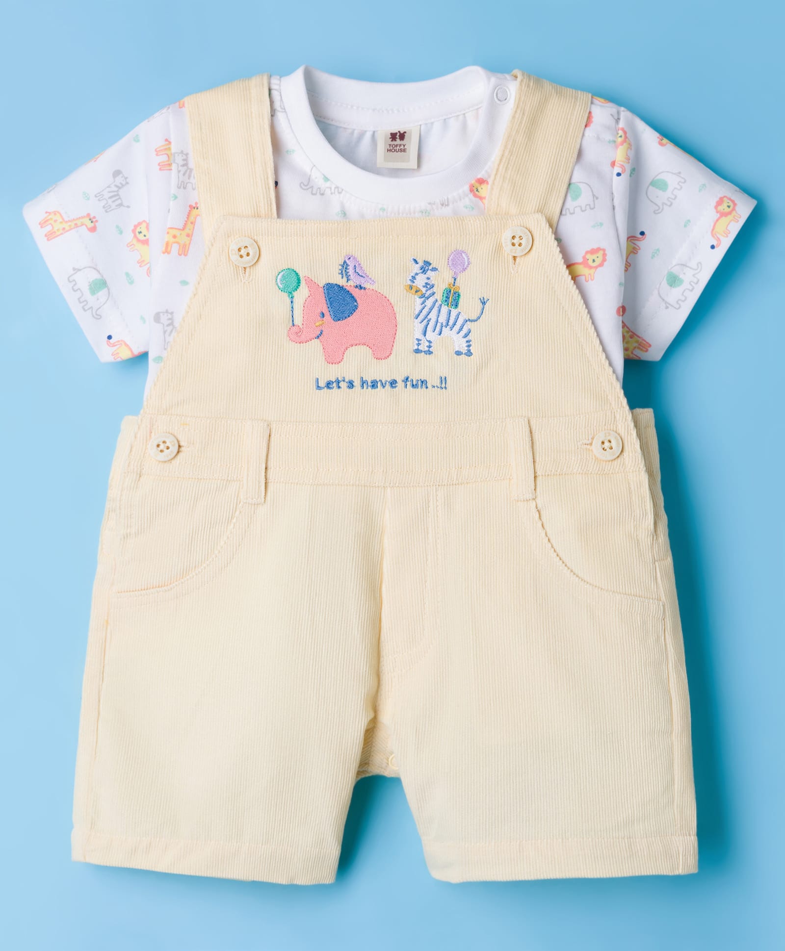 ToffyHouse Interlock Knit Half Sleeves T-Shirt & Dungaree with Animal Print & Embroidery - White & Lemon-picture-27