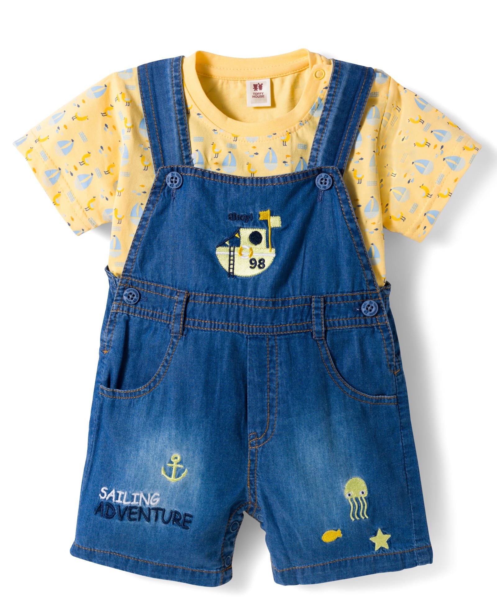 ToffyHouse Interlock Knit Half Sleeves T-Shirt & Denim Dungaree with Nautical Theme Print & Embroidery - Navy Blue & Yellow-image-36