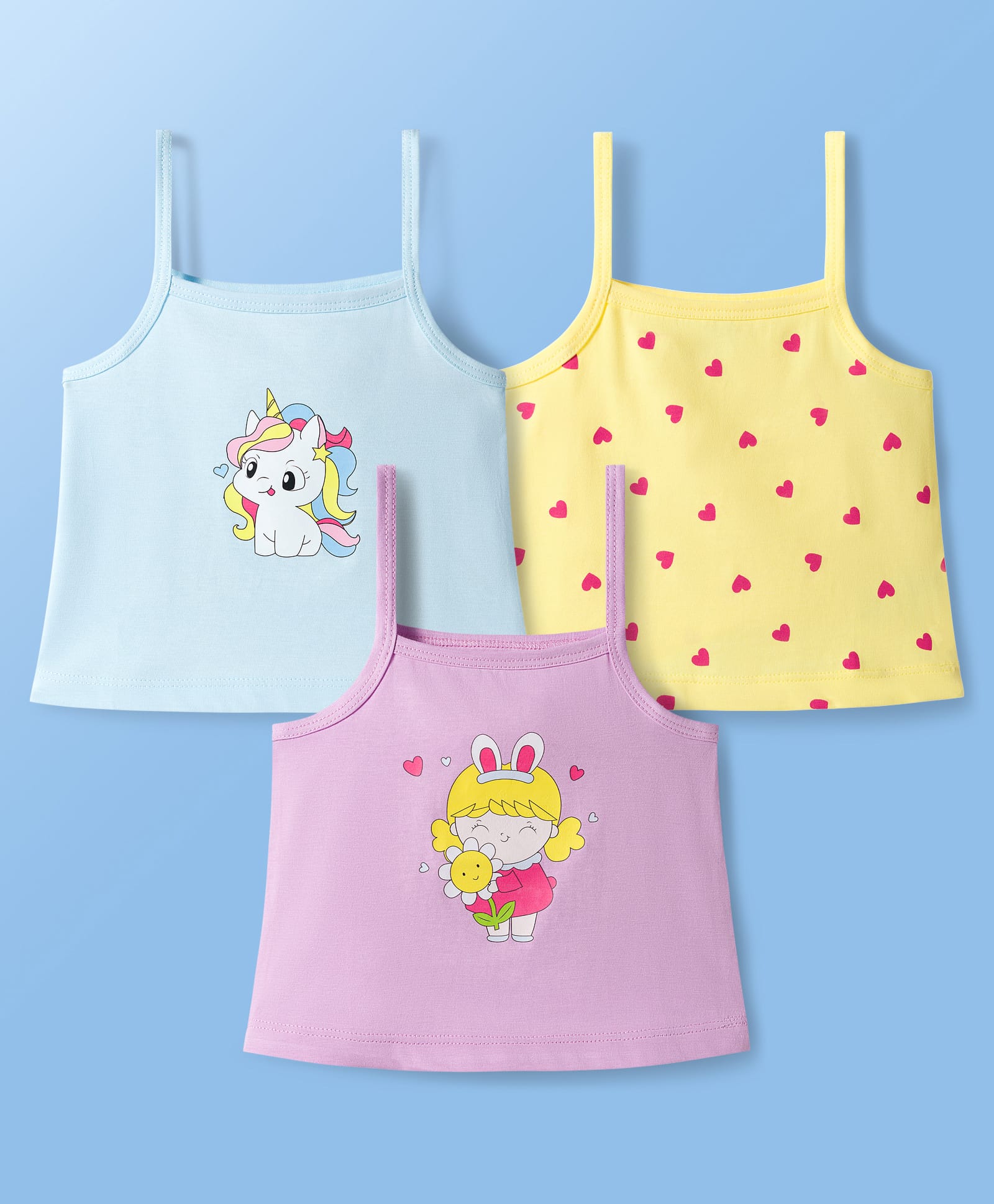Doodle Poodle 100% Cotton Knit Sleeveless Heart & Unicorn Printed Slips Pack of 3 - Yellow Pink & Blue-image-8