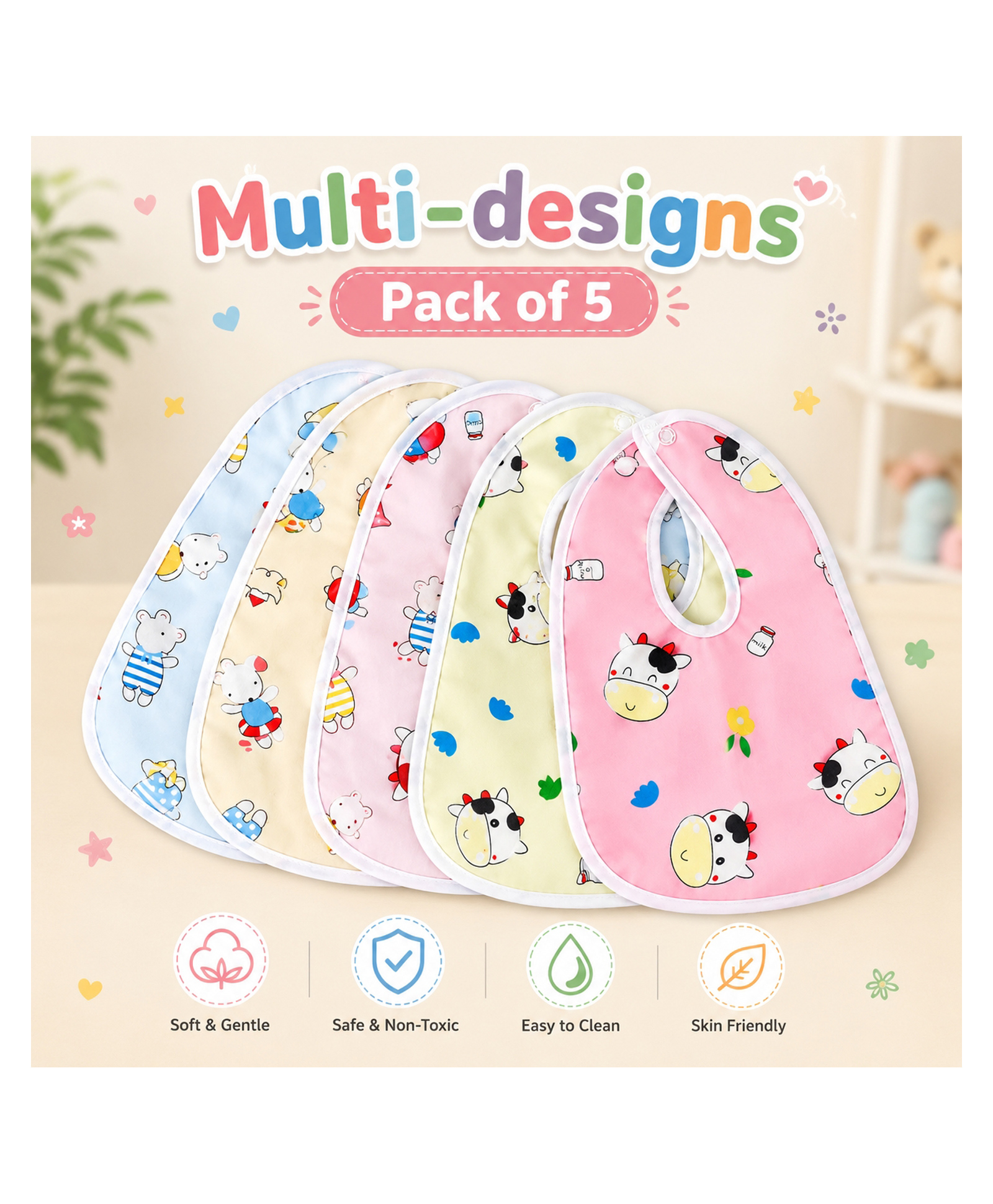 Totilo Baby Soft Feeding Bib Apron Cute Multi Print with Tich Button - multicolor (Pack Of 5)-image-36